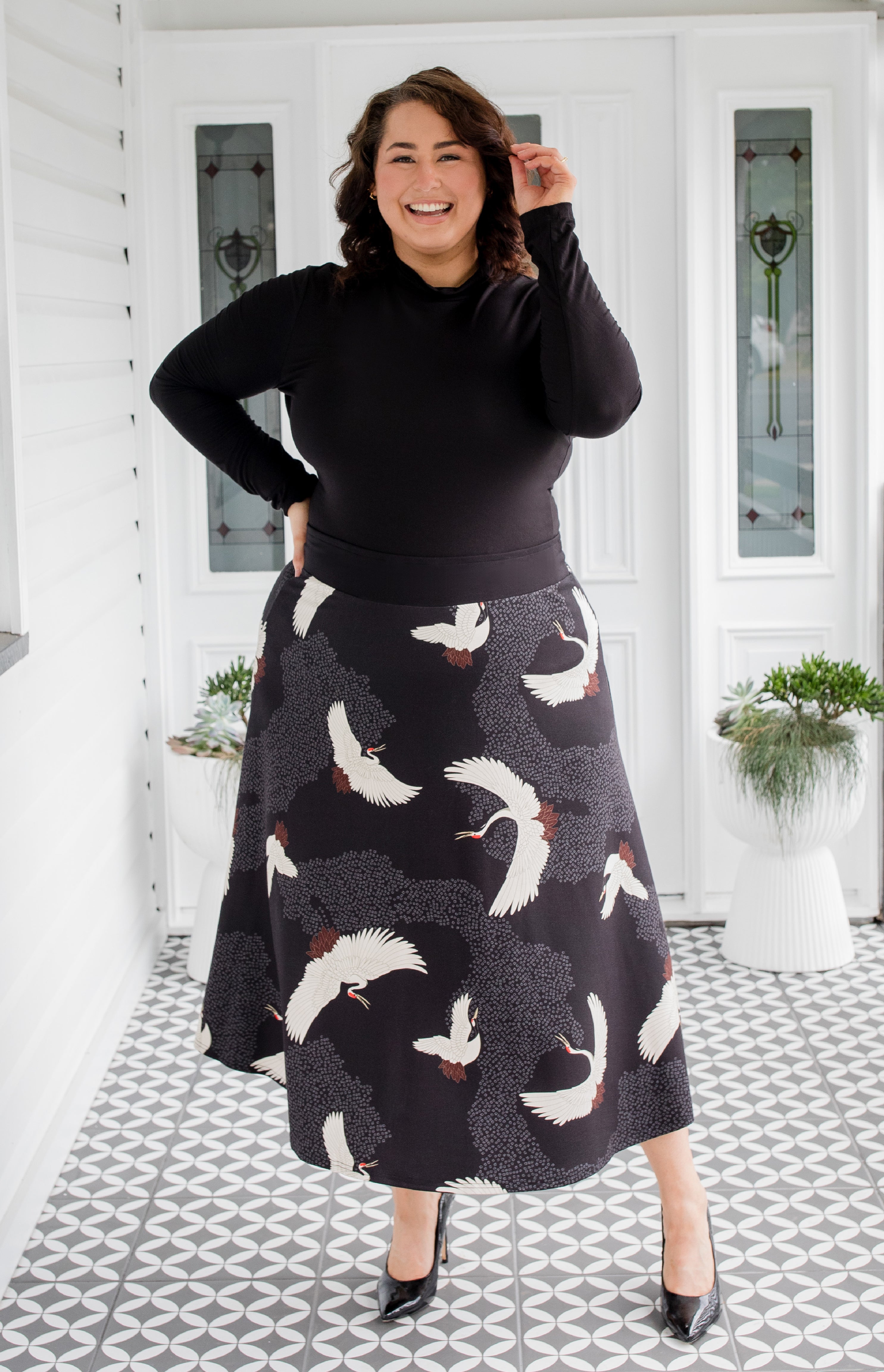 Maiocchi Bamboo Must Have Skirt in Poetry in Motion black – best-selling A‑line skirt with kimono-inspired print