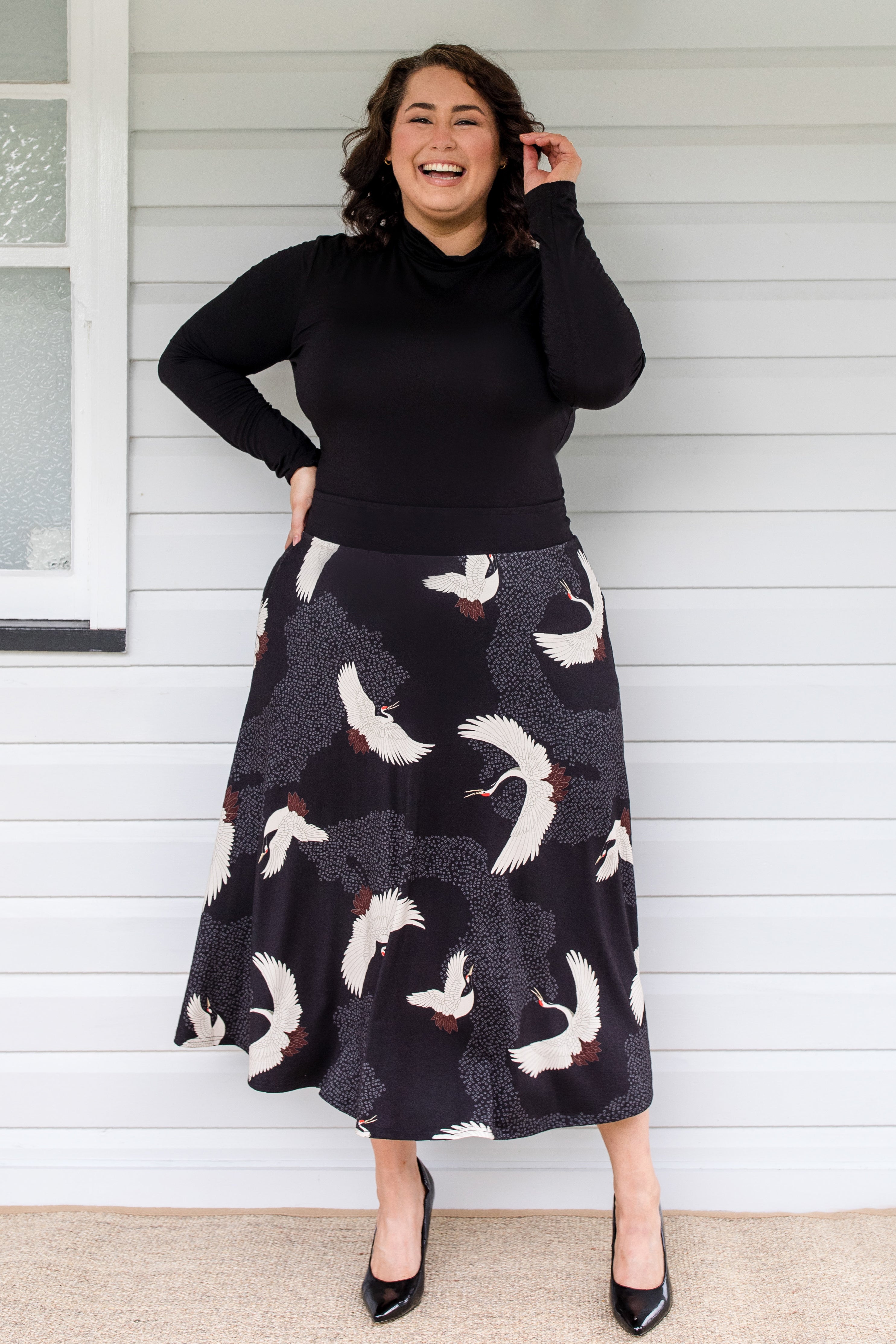 Maiocchi Bamboo Must‑Have Skirt in Poetry in Motion black – best-selling A‑line skirt with kimono-inspired print