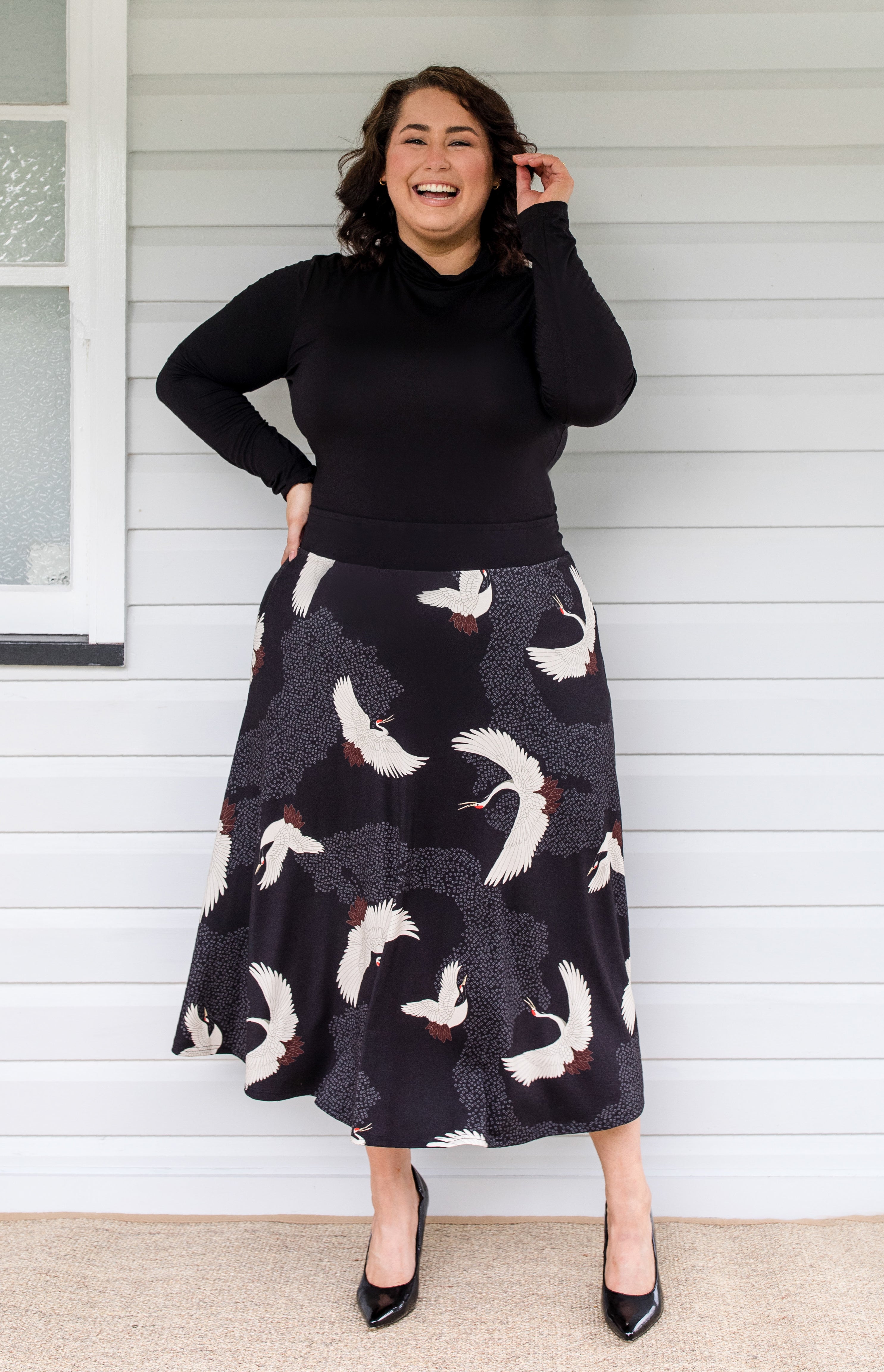 Maiocchi Bamboo Must‑Have Skirt in Poetry in Motion black – best-selling A‑line skirt with kimono-inspired print