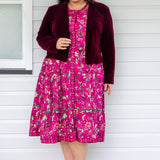 Model wearing Perfect Velvet Blazer in wine – slim tailored fit at waist