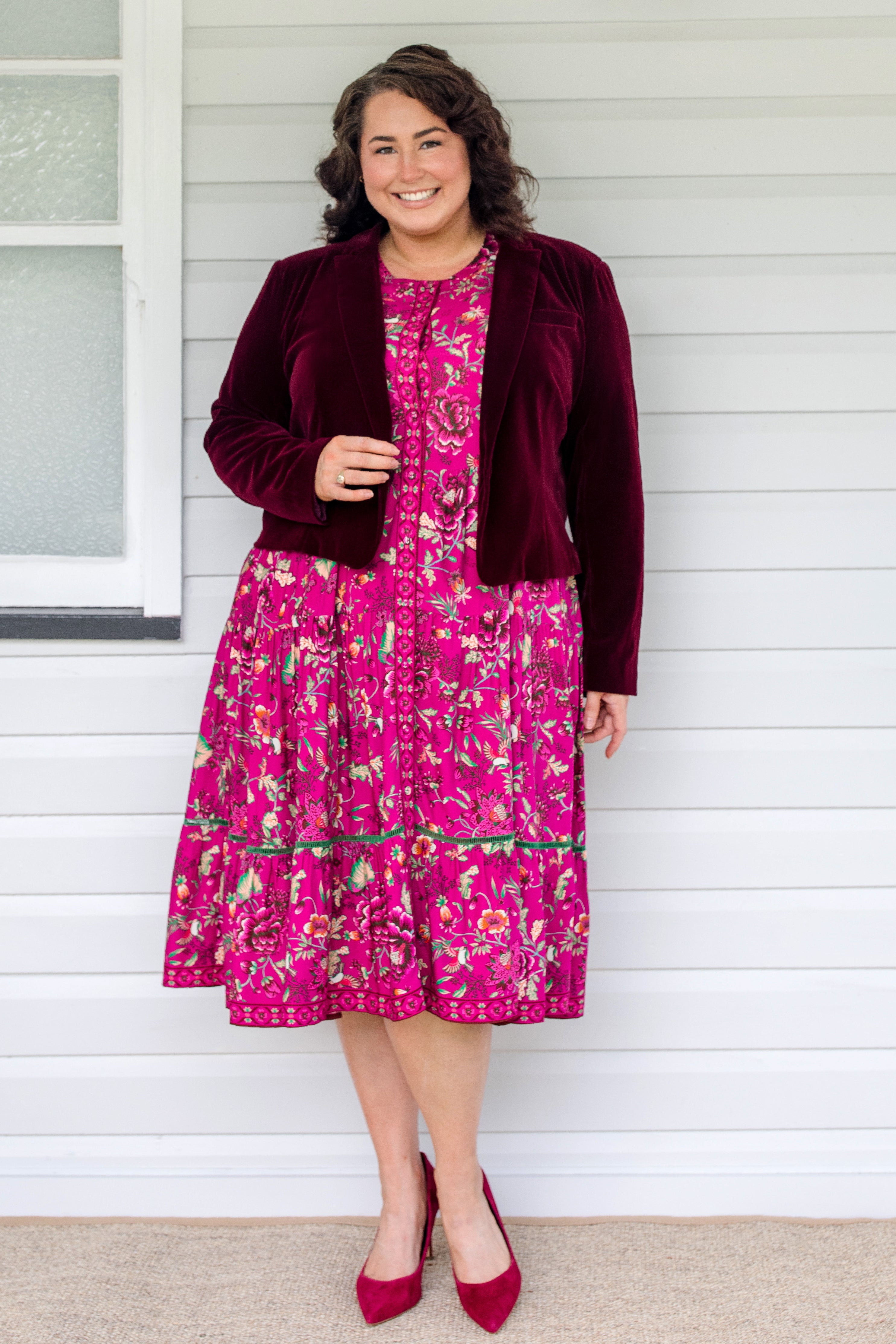 Model wearing Perfect Velvet Blazer in wine – slim tailored fit at waist