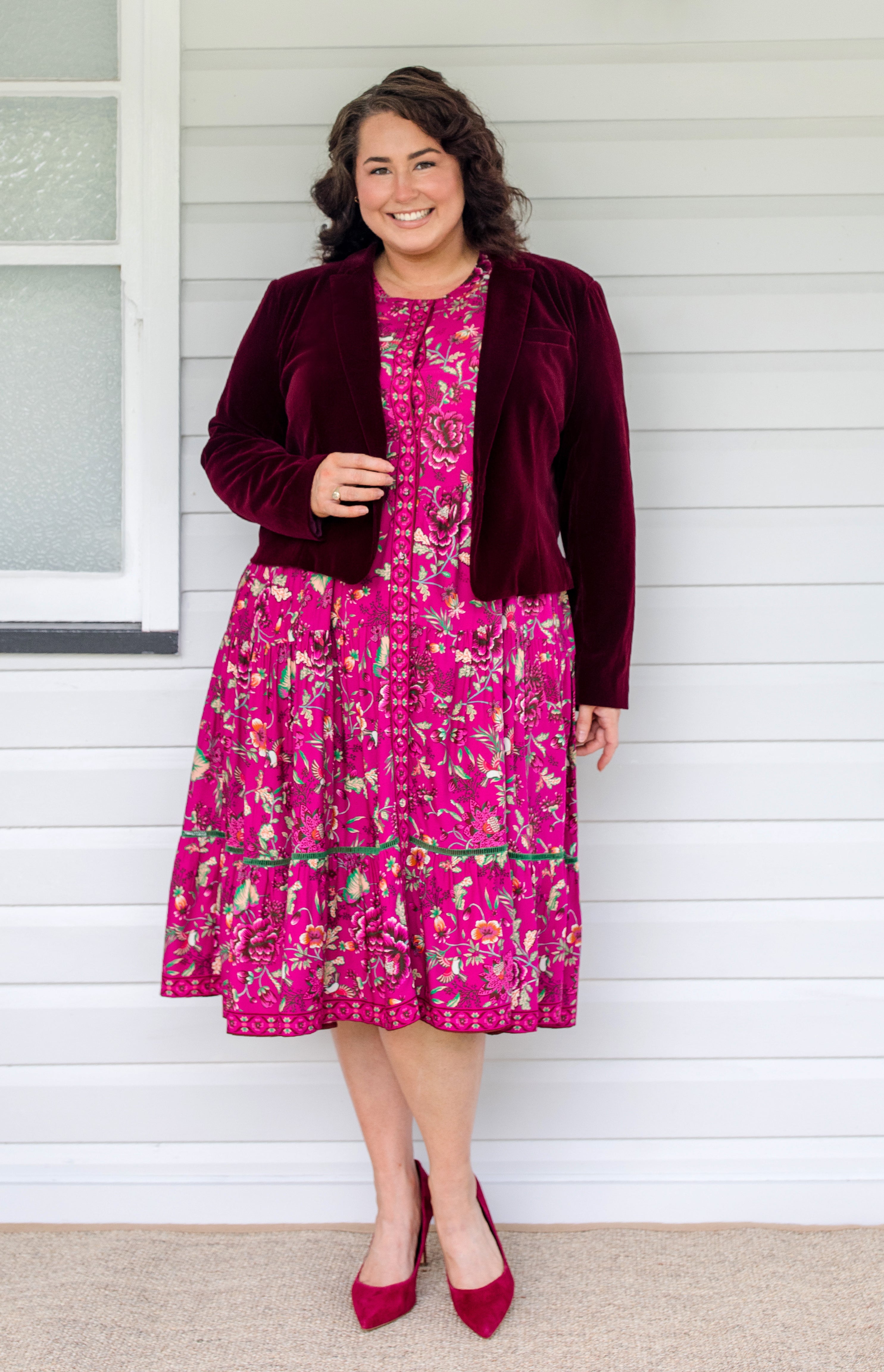 Model wearing Perfect Velvet Blazer in wine – slim tailored fit at waist