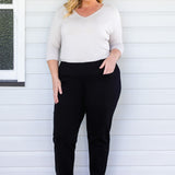 Thick yet stretchy matte ponte fabric on Perfect Ponte Pant in black – holds shape comfortably