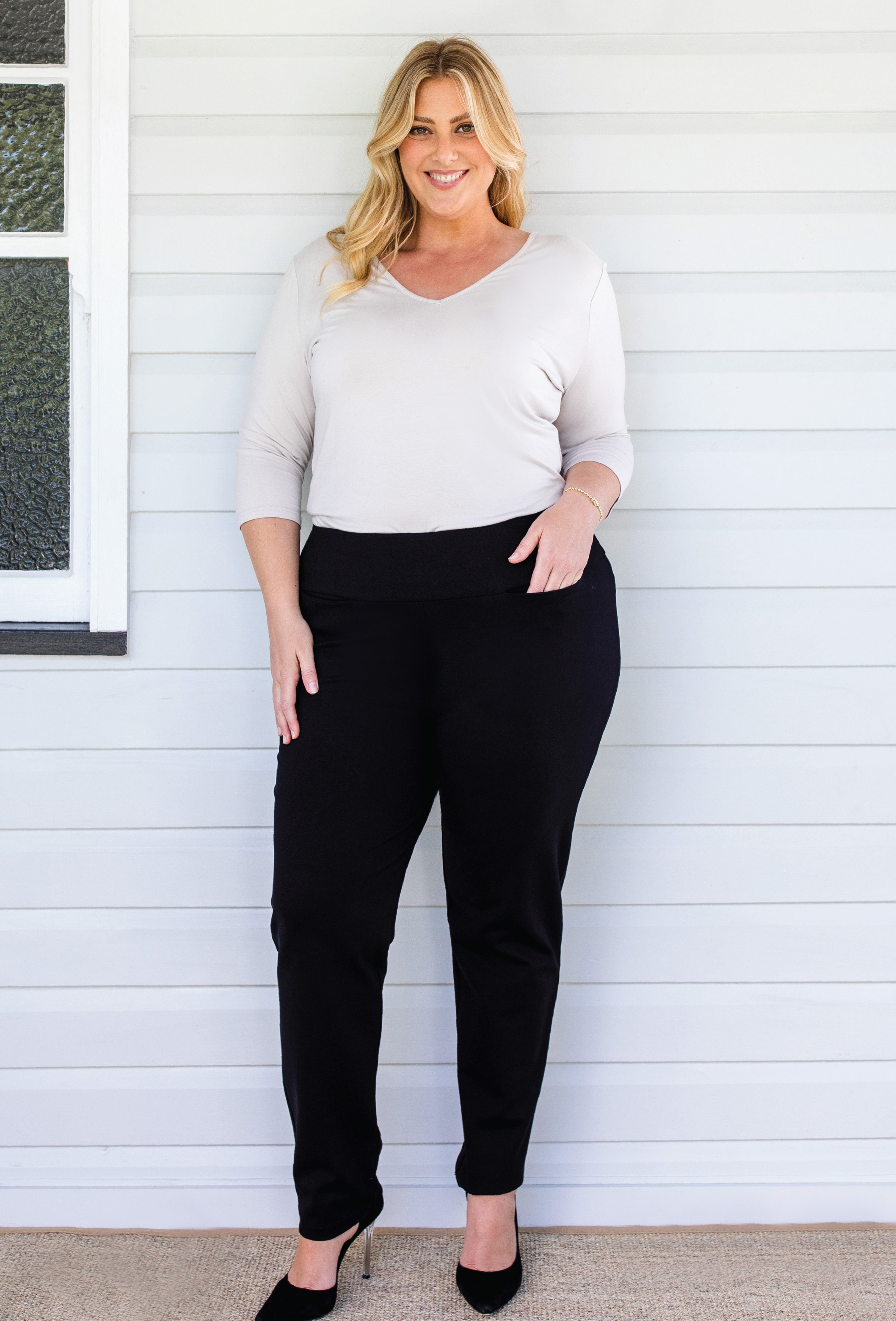 Thick yet stretchy matte ponte fabric on Perfect Ponte Pant in black – holds shape comfortably