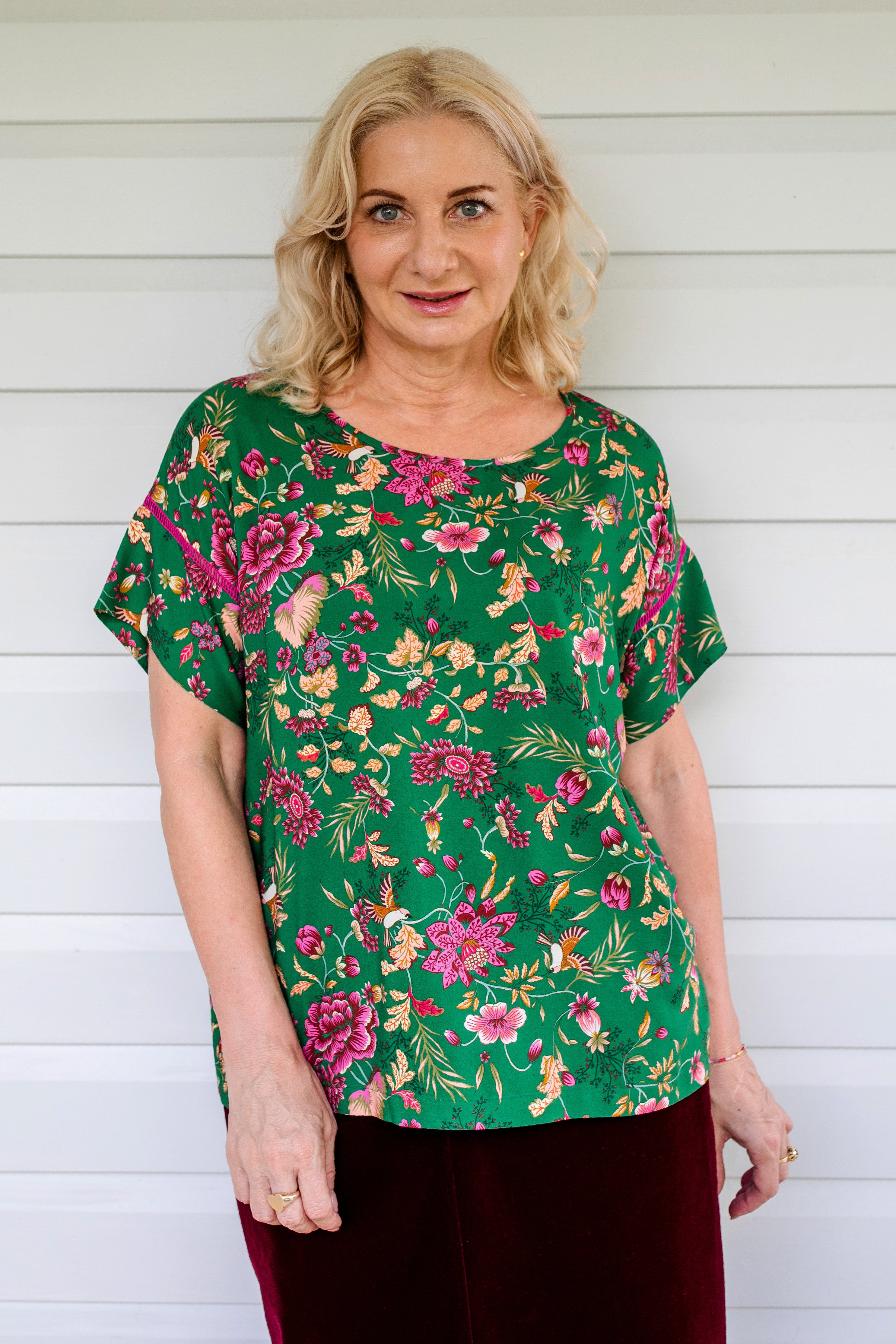 Poppy Top in Flights of Fancy Green print by Maiocchi