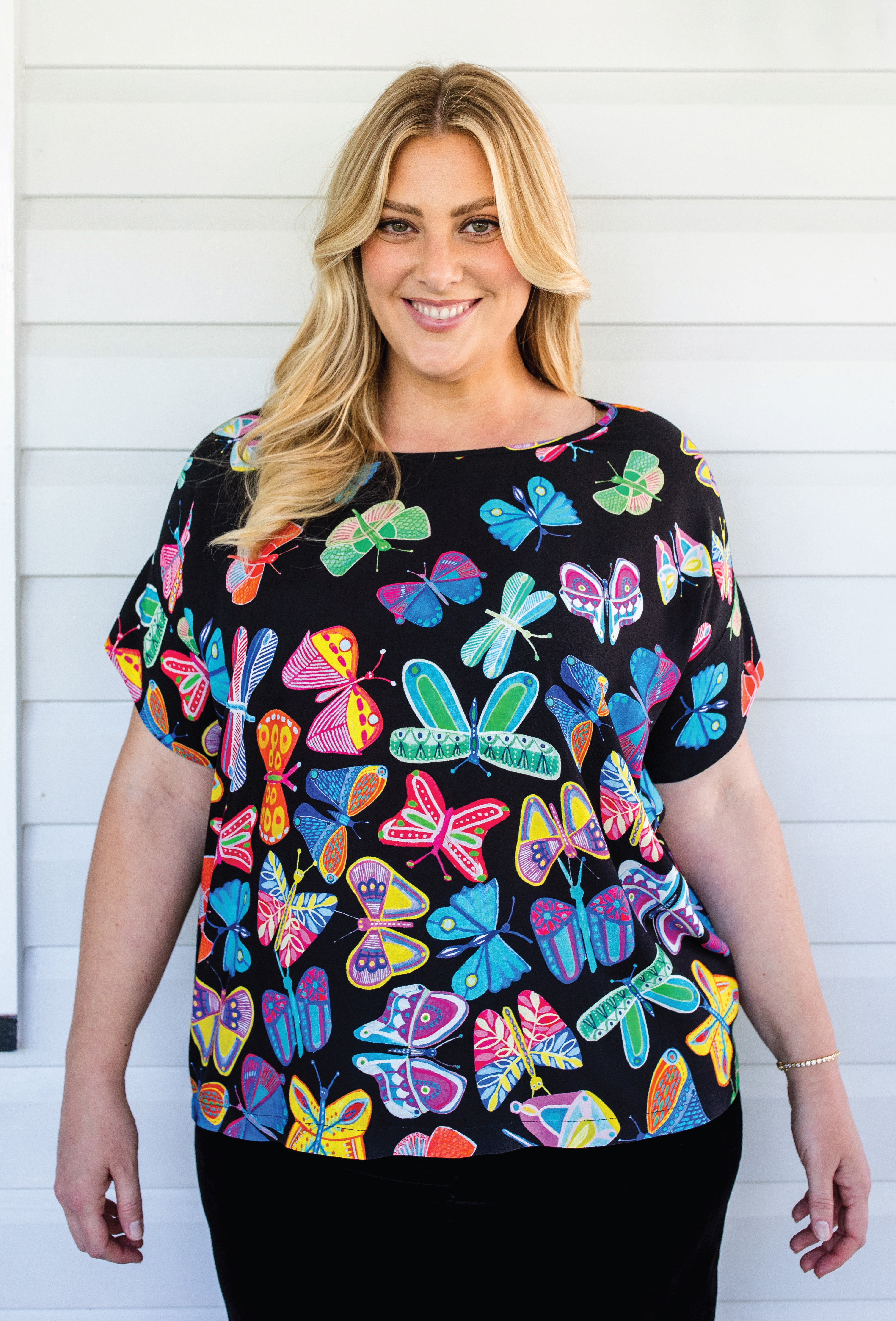 Maiocchi Poppy Top in Social Butterfly Black - handpainted artwork by Lordy Dordie
