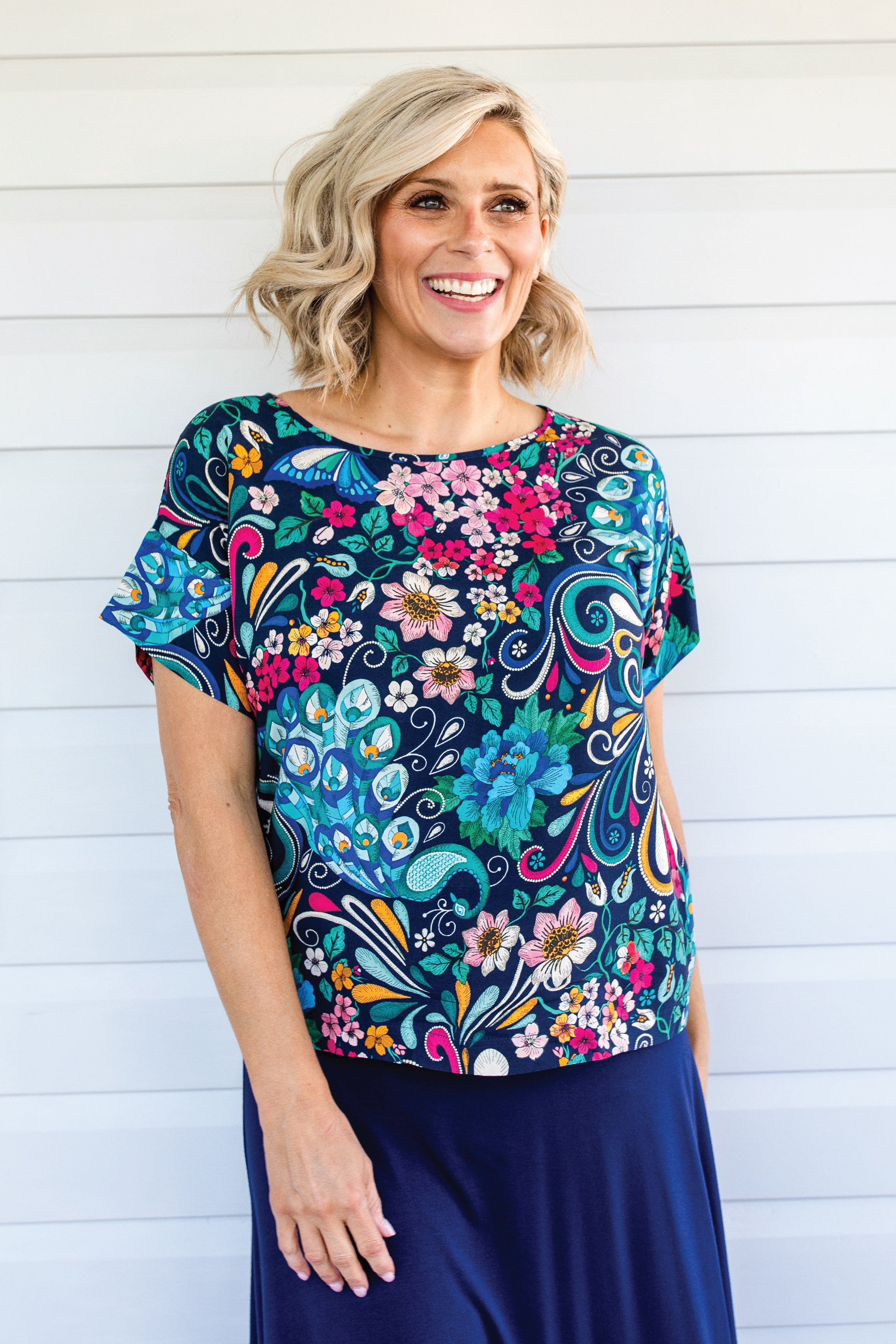 Maiocchi Poppy Top in Truly Madly navy – bestselling floral peacock print relaxed top