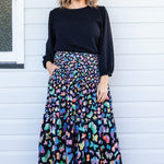Sally Skirt in Social Butterfly Black print by Maiocchi, hand-painted by artist Lordy Dordie