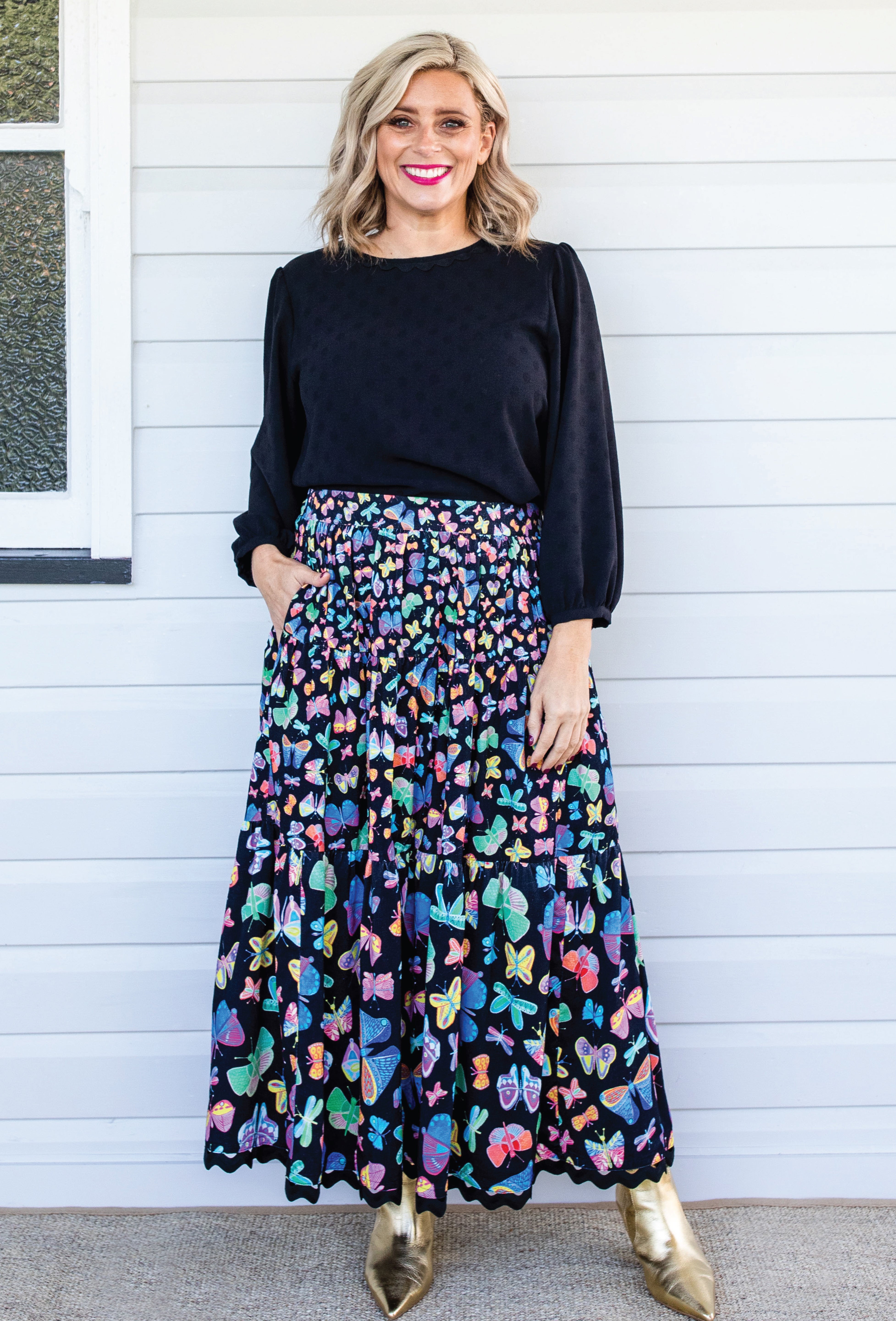 Sally Skirt in Social Butterfly Black print by Maiocchi, hand-painted by artist Lordy Dordie
