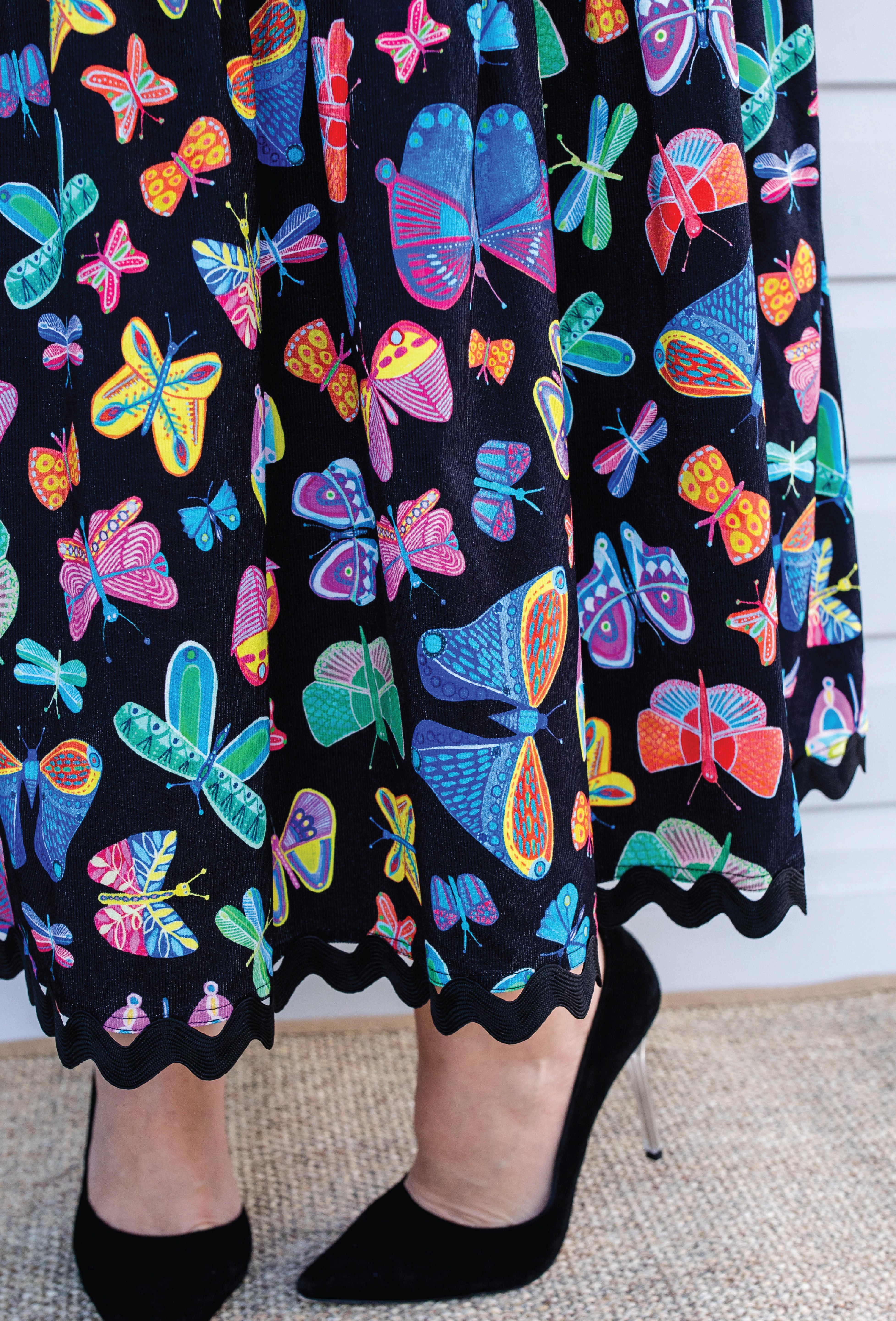 Maiocchi Sally Skirt – black butterfly print midi skirt.