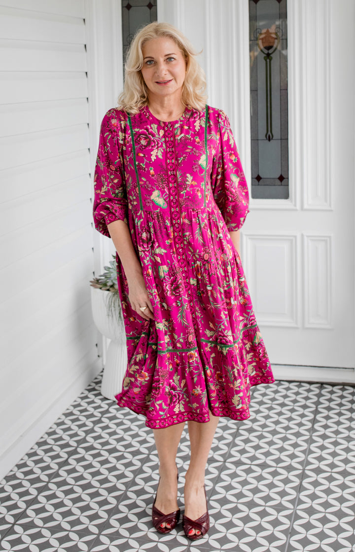Sophia Dress in flights of fancy grape