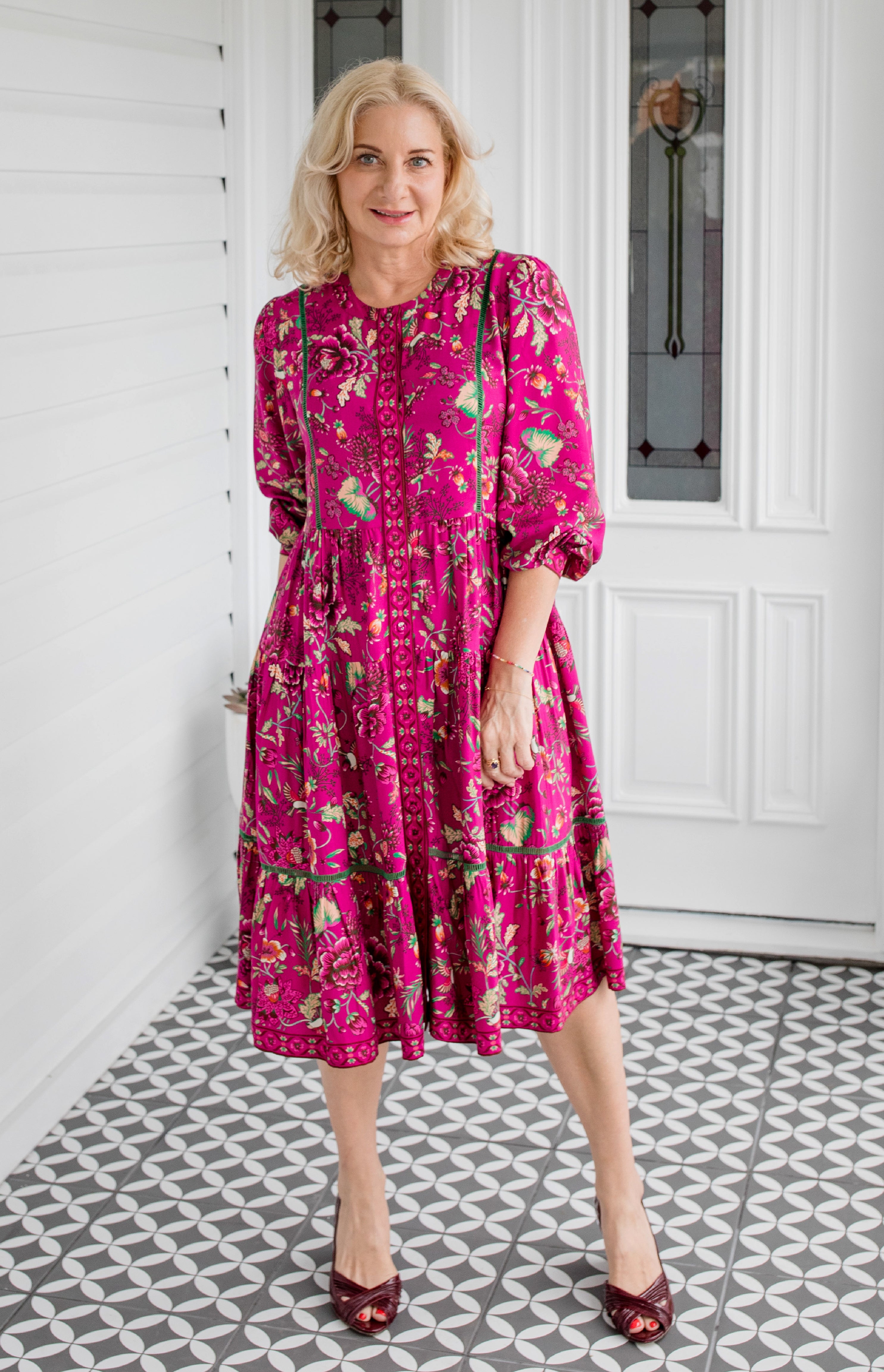 Sophia Dress in Flights of Fancy Grape hand-painted print by Maiocchi.