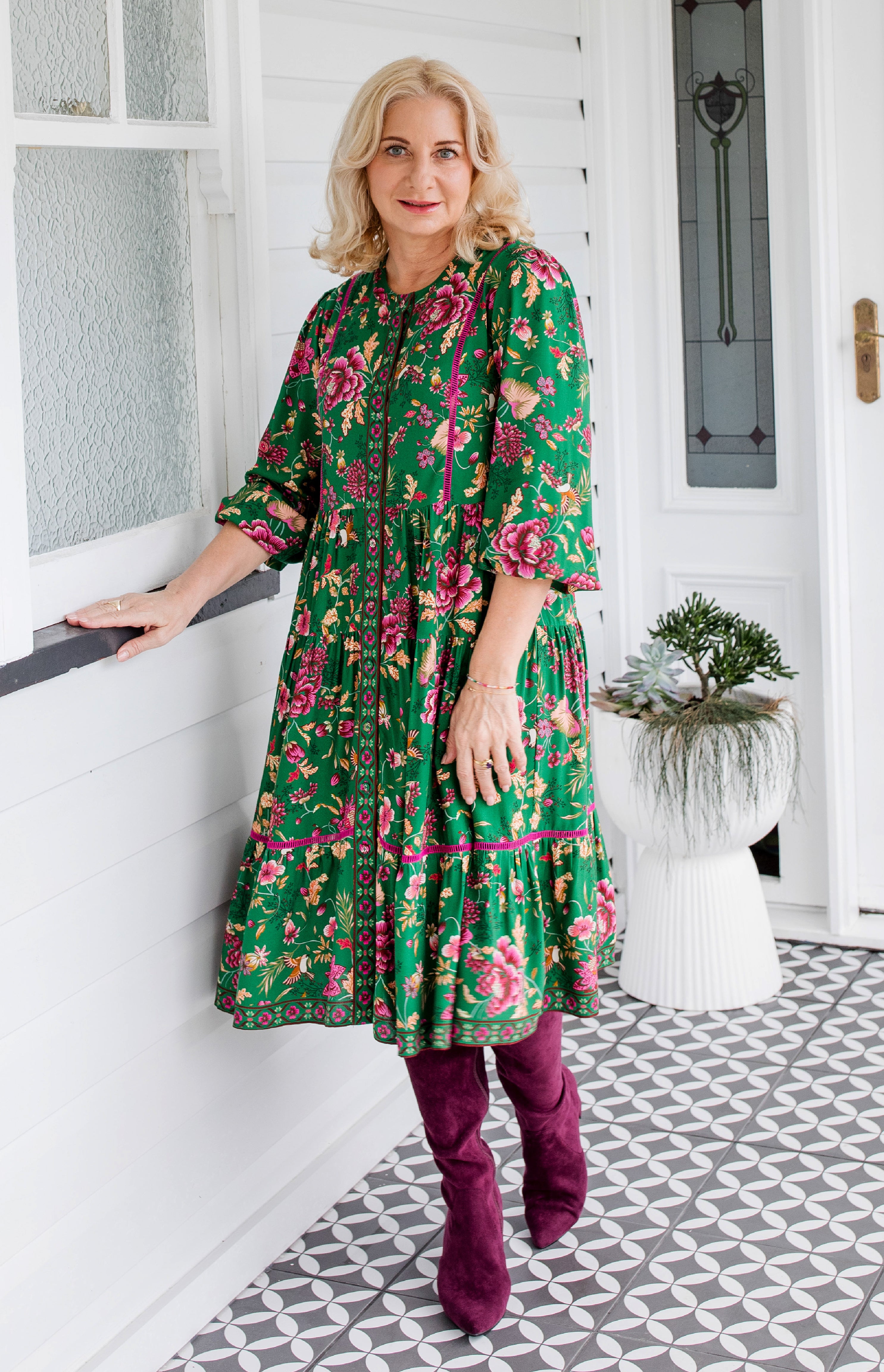 Maiocchi Sophia Dress in Flights of Fancy Green print.