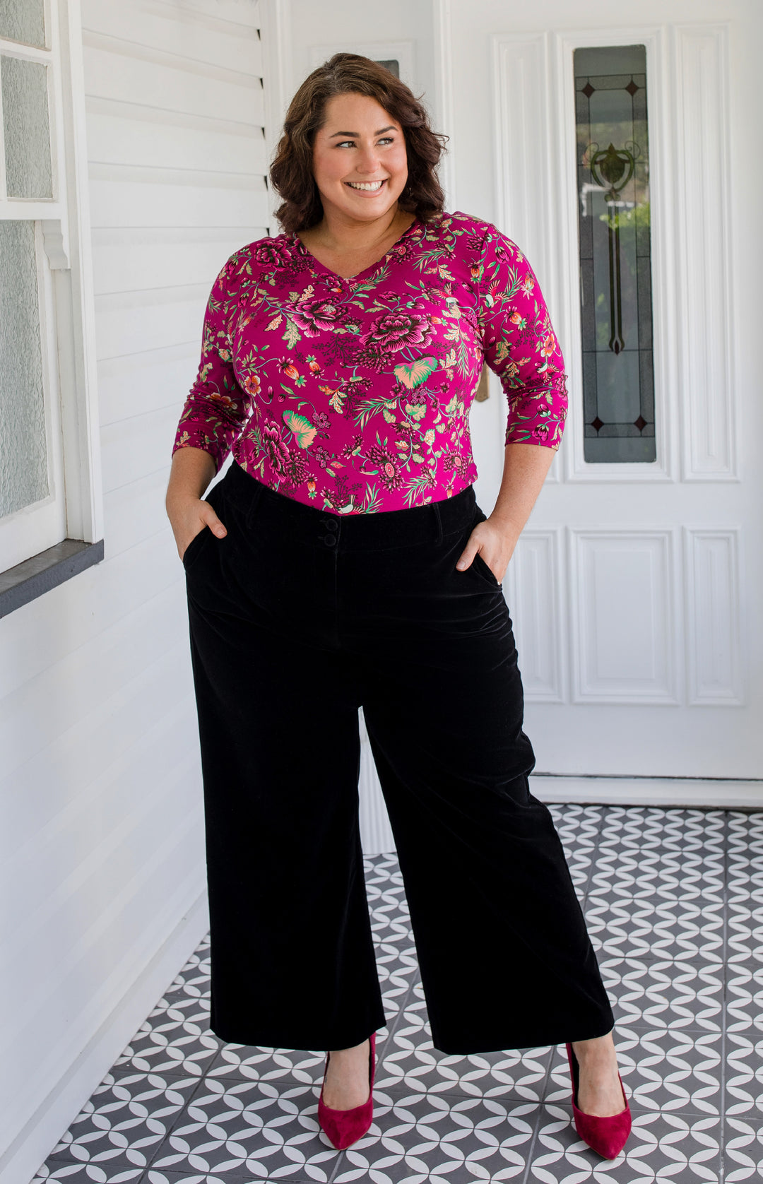 Tallulah Reversible Tee 3/4 sleeve in flights of fancy grape