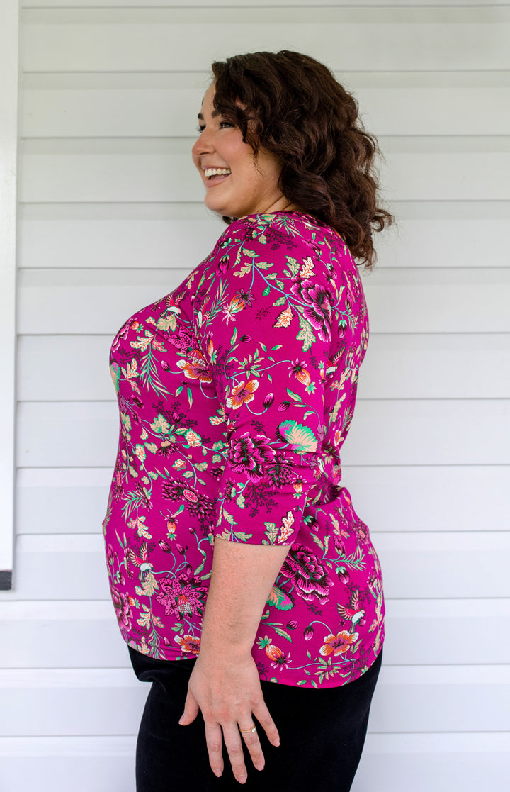 Tallulah Reversible Tee 3/4 sleeve in flights of fancy grape