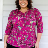 Tallulah Reversible Tee 3/4 sleeve in flights of fancy grape