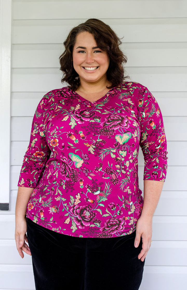 Tallulah Reversible Tee 3/4 sleeve in flights of fancy grape