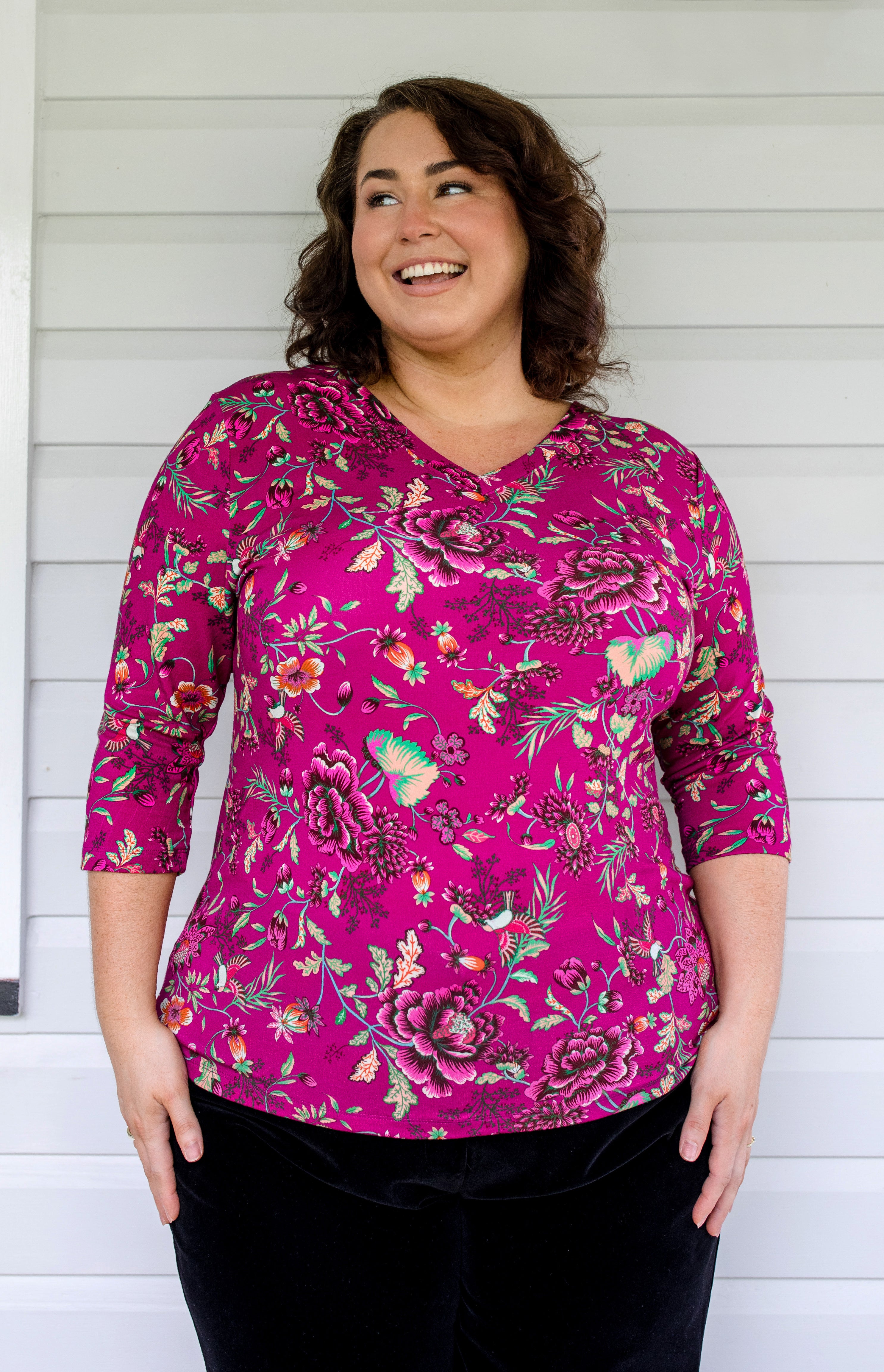 Bamboo reversible Tee in Flights of Fancy Grape print by Maiocchi