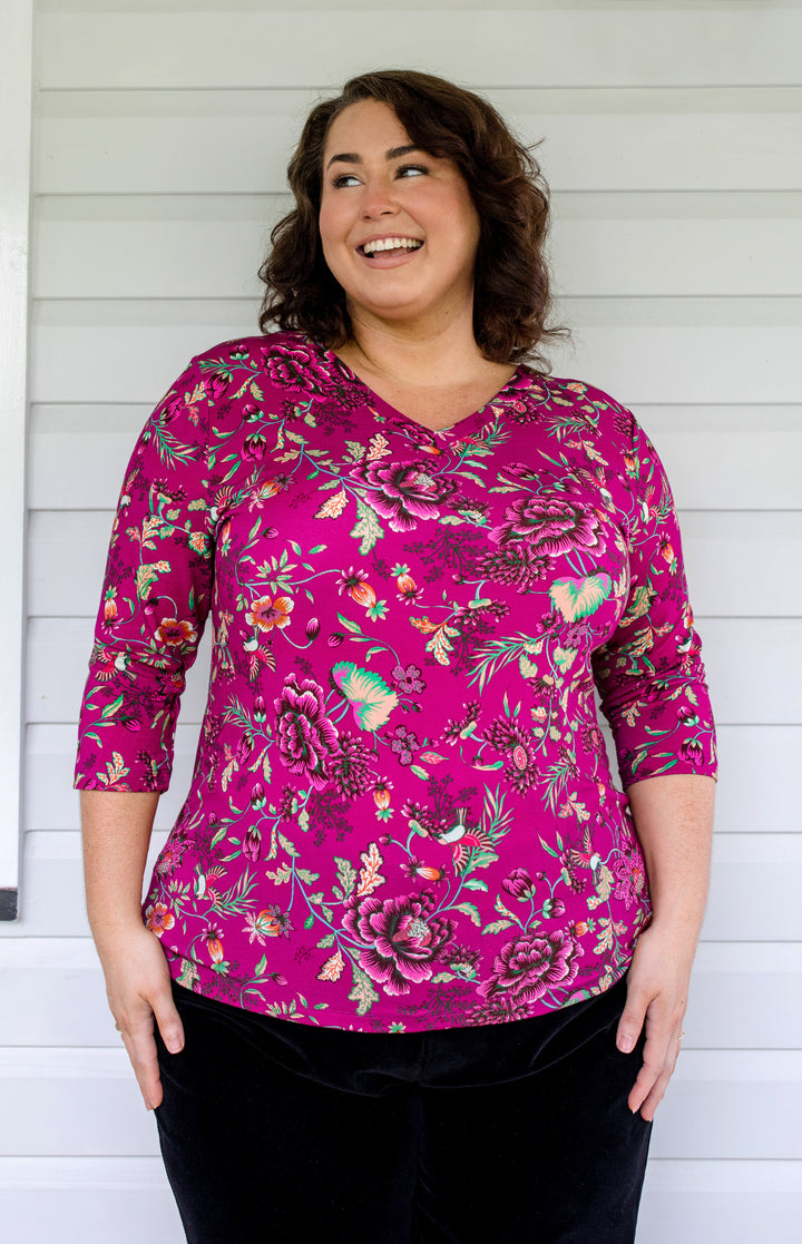 Tallulah Reversible Tee 3/4 sleeve in flights of fancy grape
