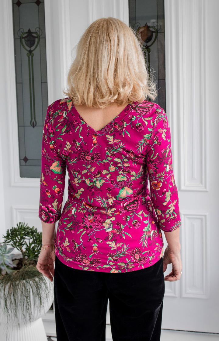 Tallulah Reversible Tee 3/4 sleeve in flights of fancy grape