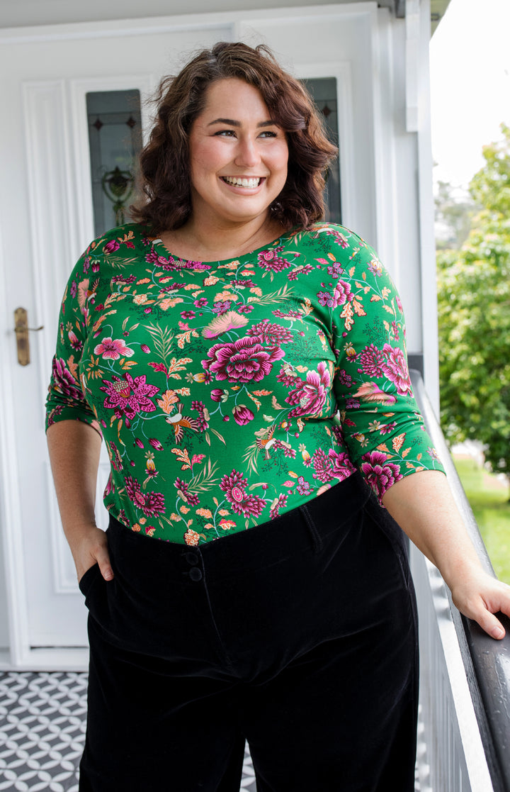 Tallulah Reversible Tee 3/4 sleeve in flights of fancy green