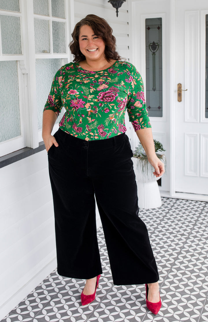 Tallulah Reversible Tee 3/4 sleeve in flights of fancy green