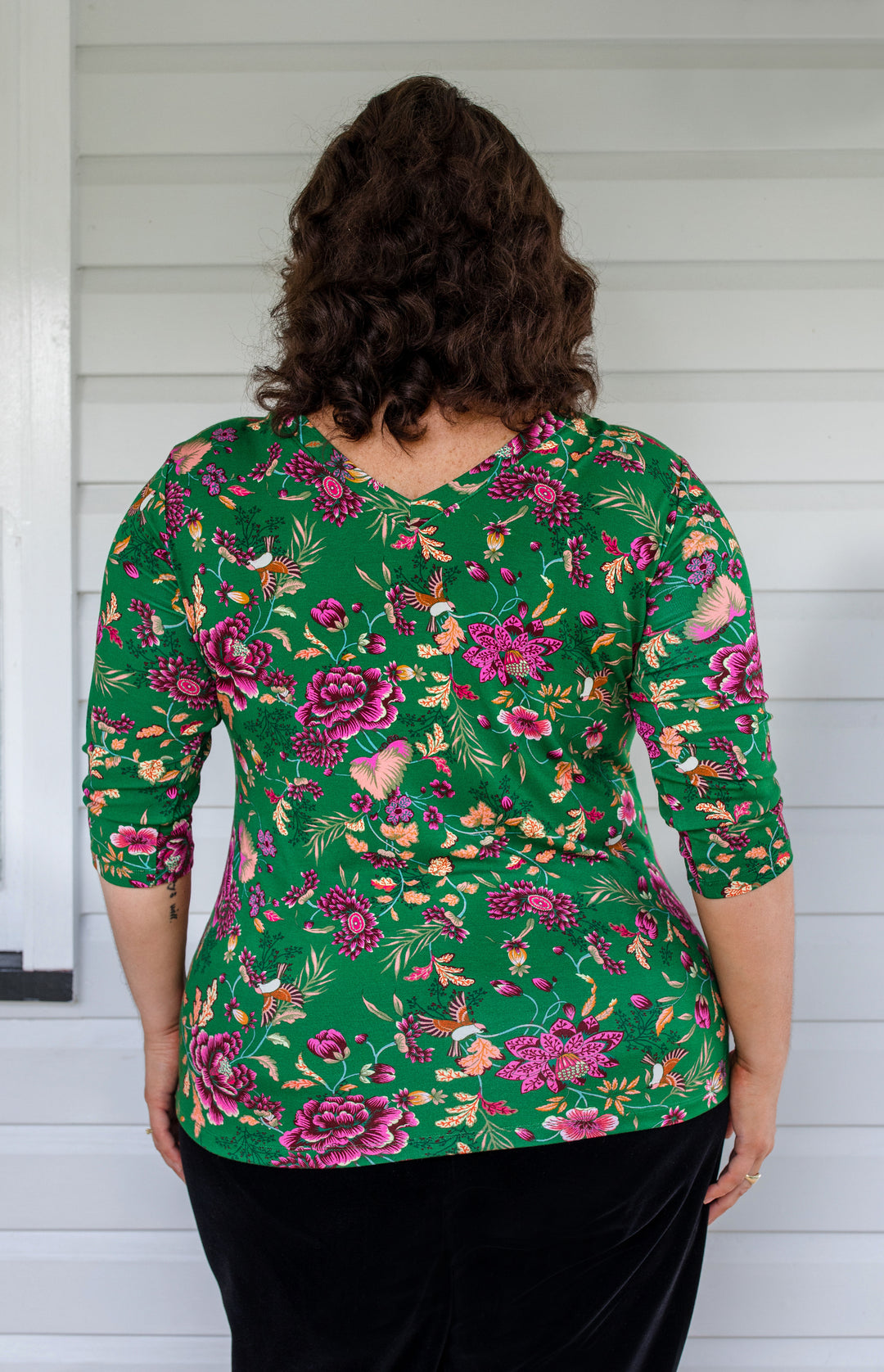 Tallulah Reversible Tee 3/4 sleeve in flights of fancy green