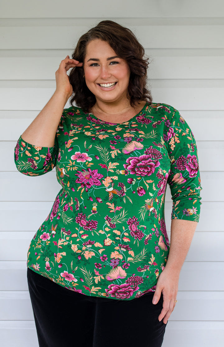 Tallulah Reversible Tee 3/4 sleeve in flights of fancy green