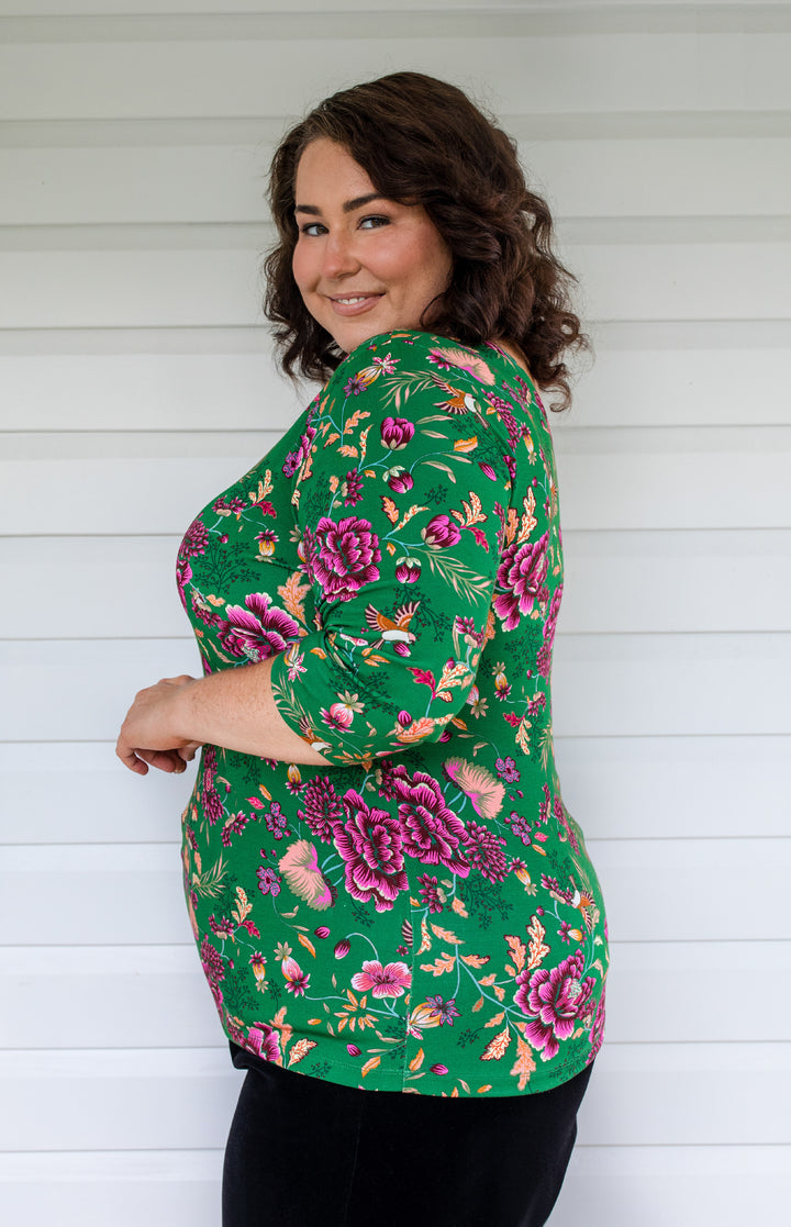 Tallulah Reversible Tee 3/4 sleeve in flights of fancy green