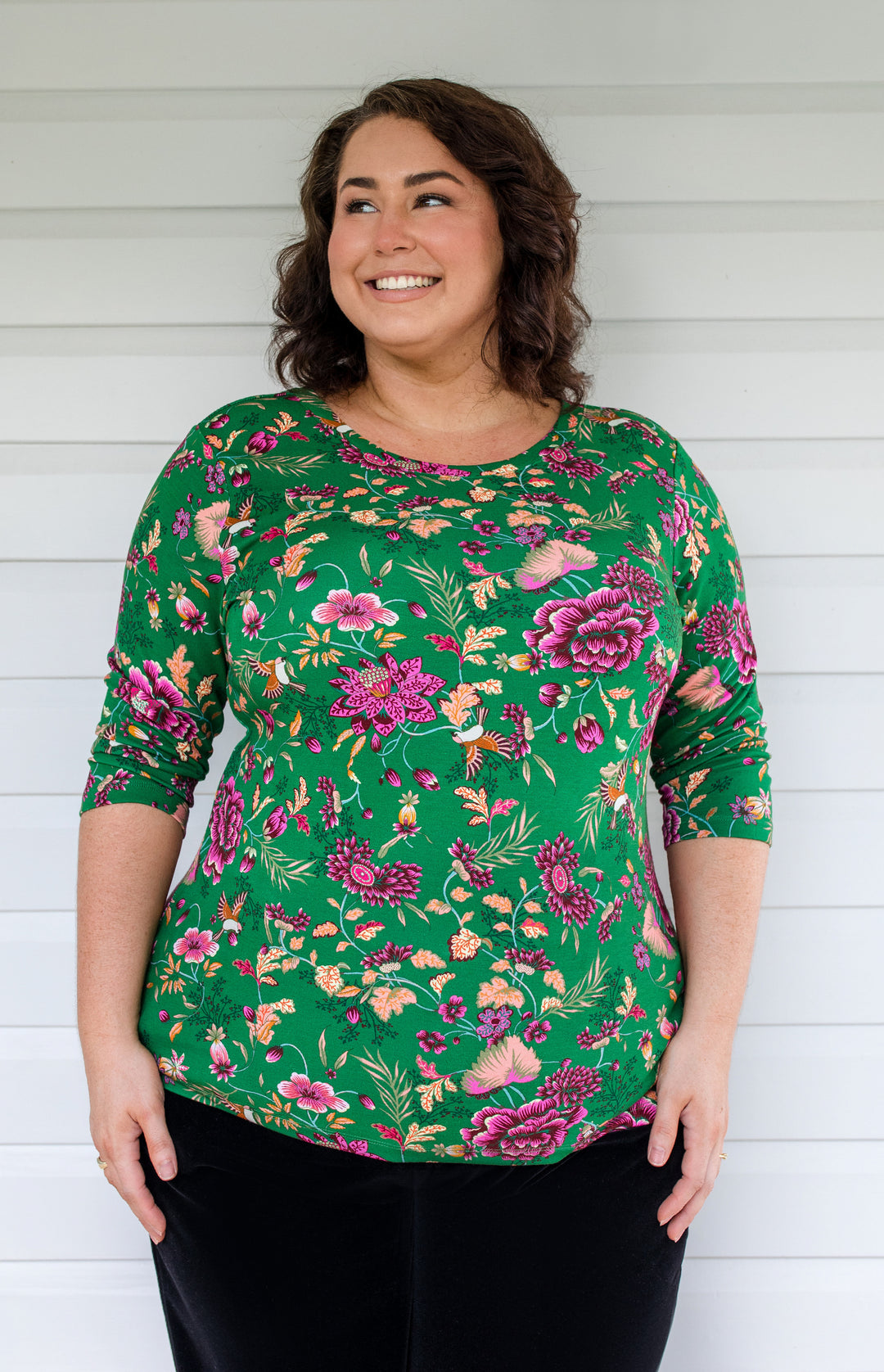 Tallulah Reversible Tee 3/4 sleeve in flights of fancy green