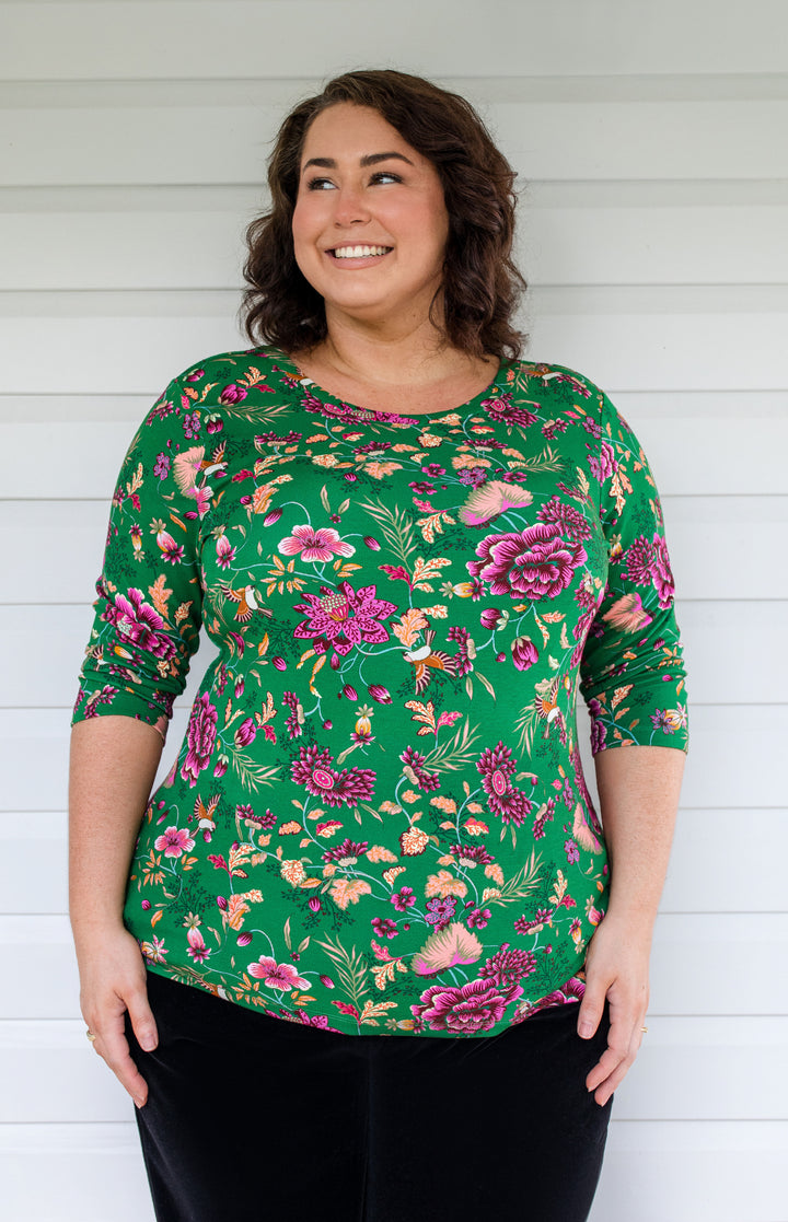 Tallulah Reversible Tee 3/4 sleeve in flights of fancy green