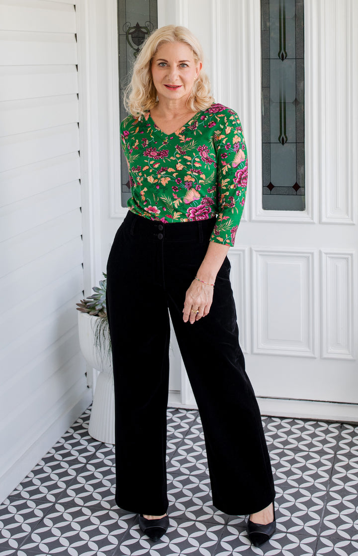 Tallulah Reversible Tee 3/4 sleeve in flights of fancy green