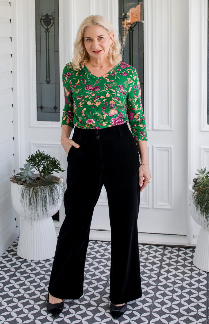 Tallulah Reversible Tee 3/4 sleeve in flights of fancy green