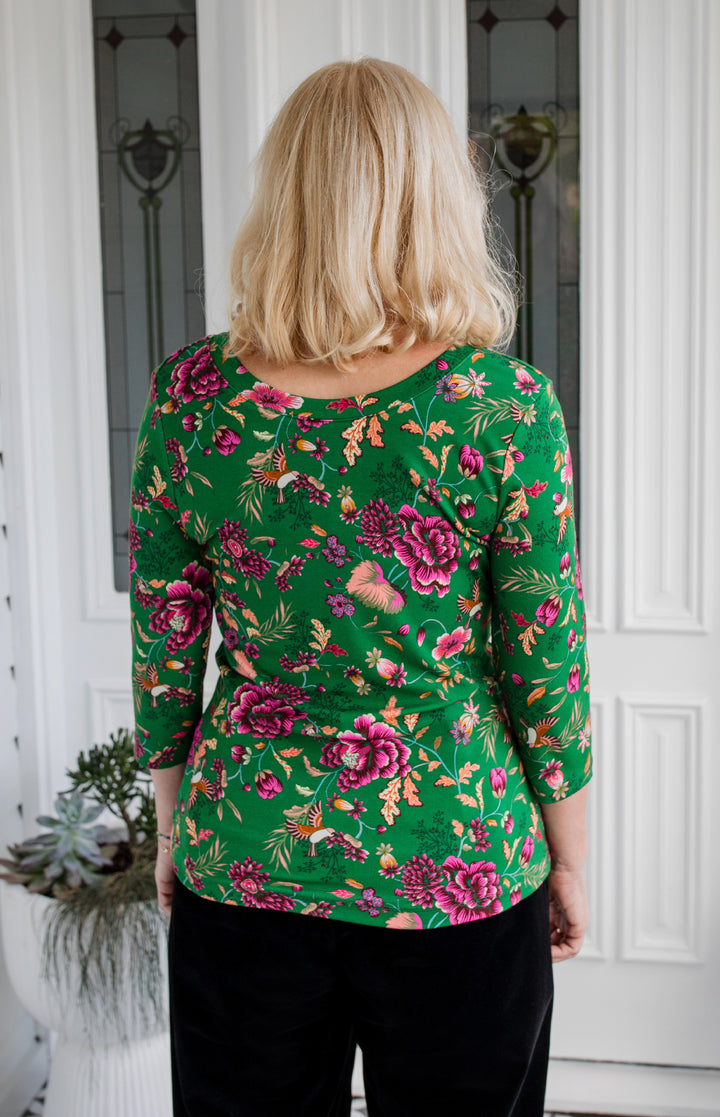 Tallulah Reversible Tee 3/4 sleeve in flights of fancy green