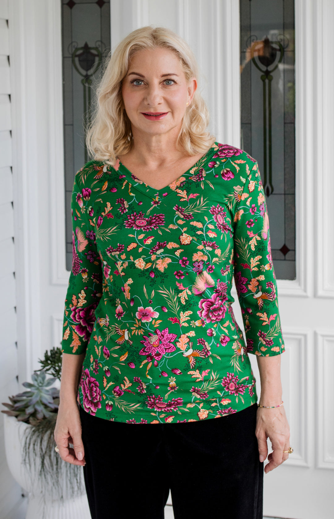 Tallulah Reversible Tee 3/4 sleeve in flights of fancy green