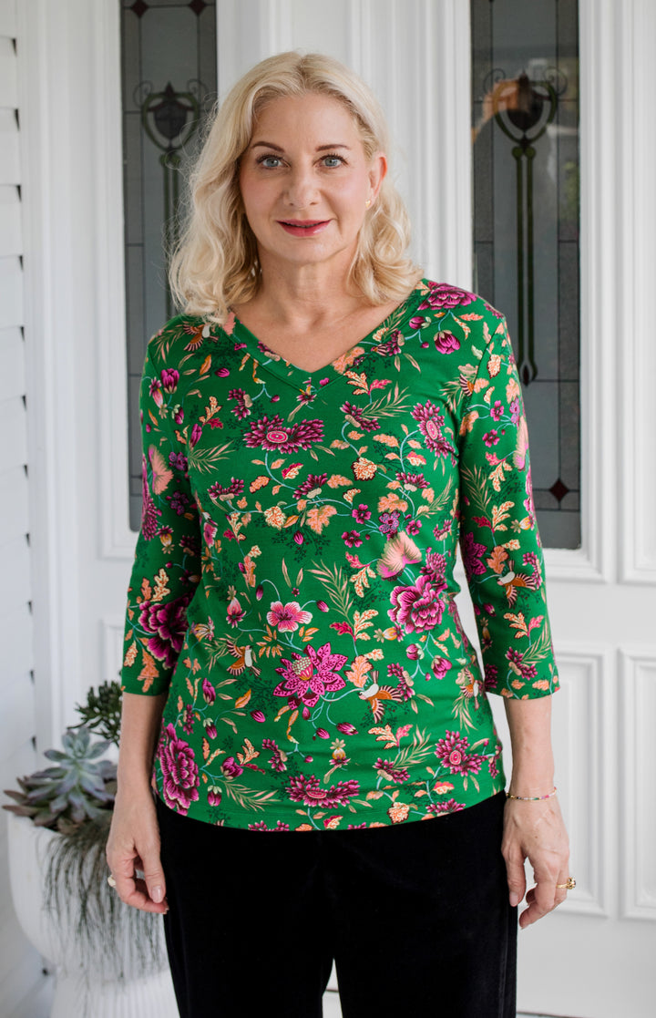 Tallulah Reversible Tee 3/4 sleeve in flights of fancy green