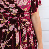 Rich blossom wine velvet detail on the Violet Dress – texture close‑up