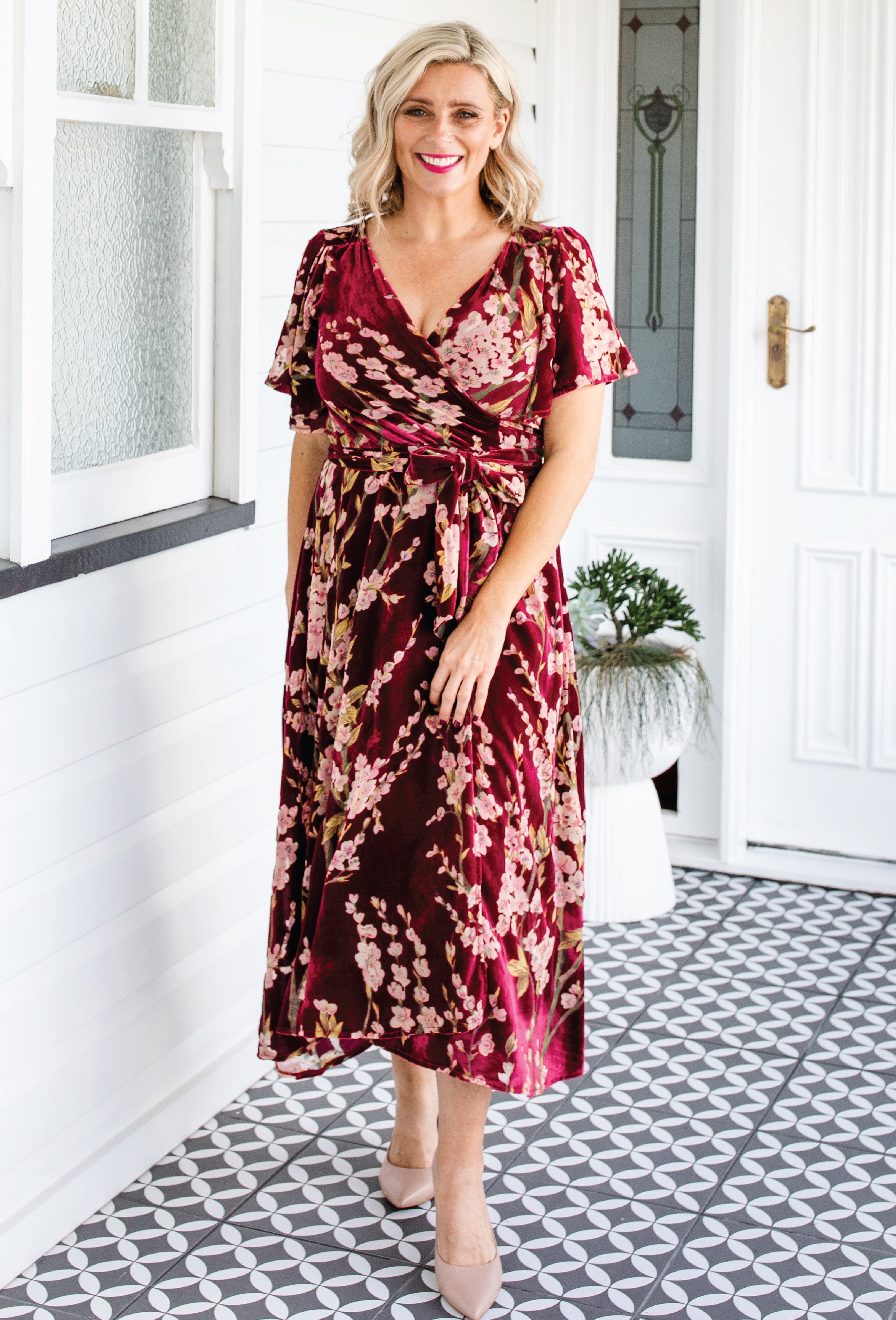 Velvet burnout floral texture, Violet Dress in blossom wine – dramatic and romantic