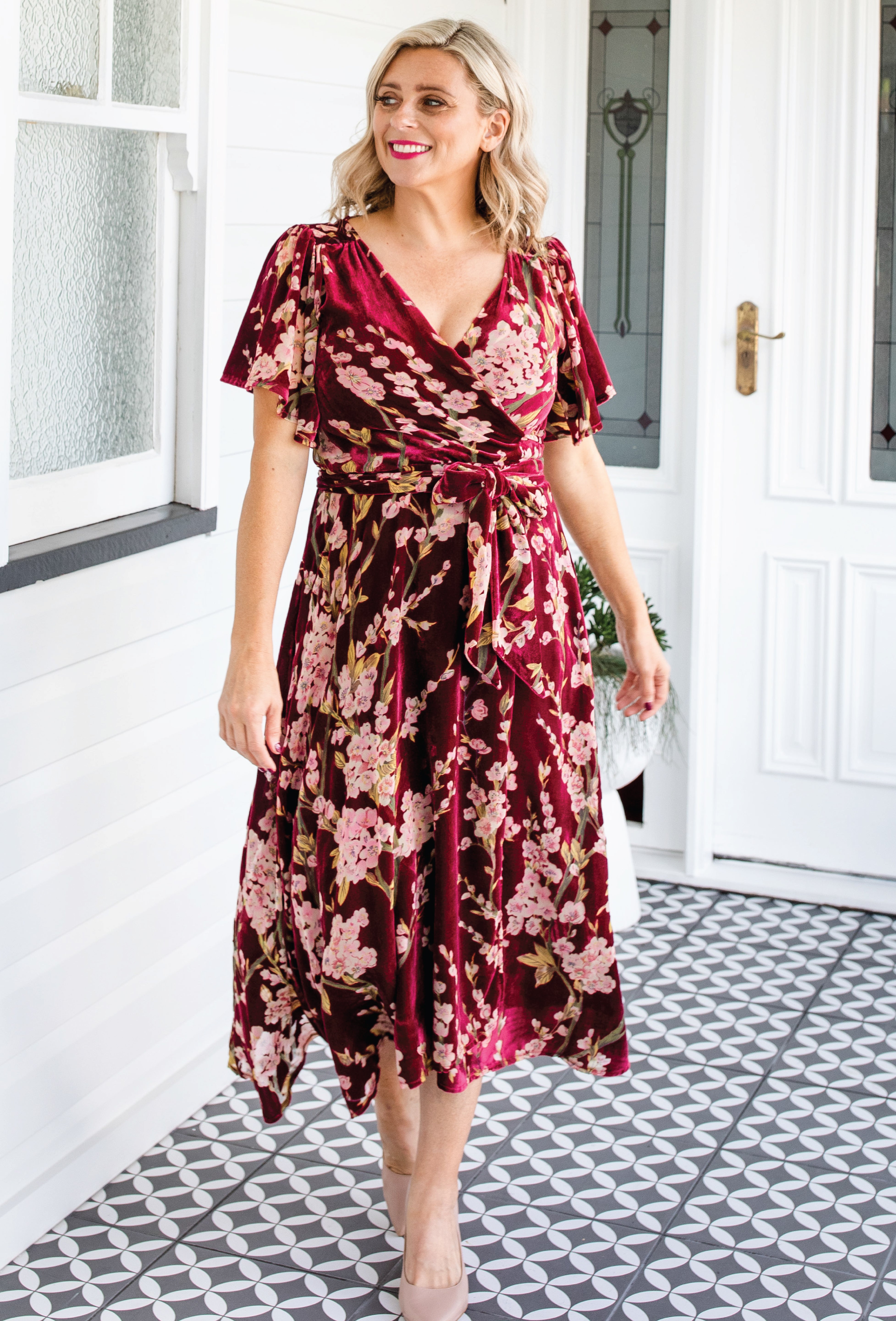 Maiocchi Violet Dress in blossom wine velvet – flattering faux‑wrap evening dress