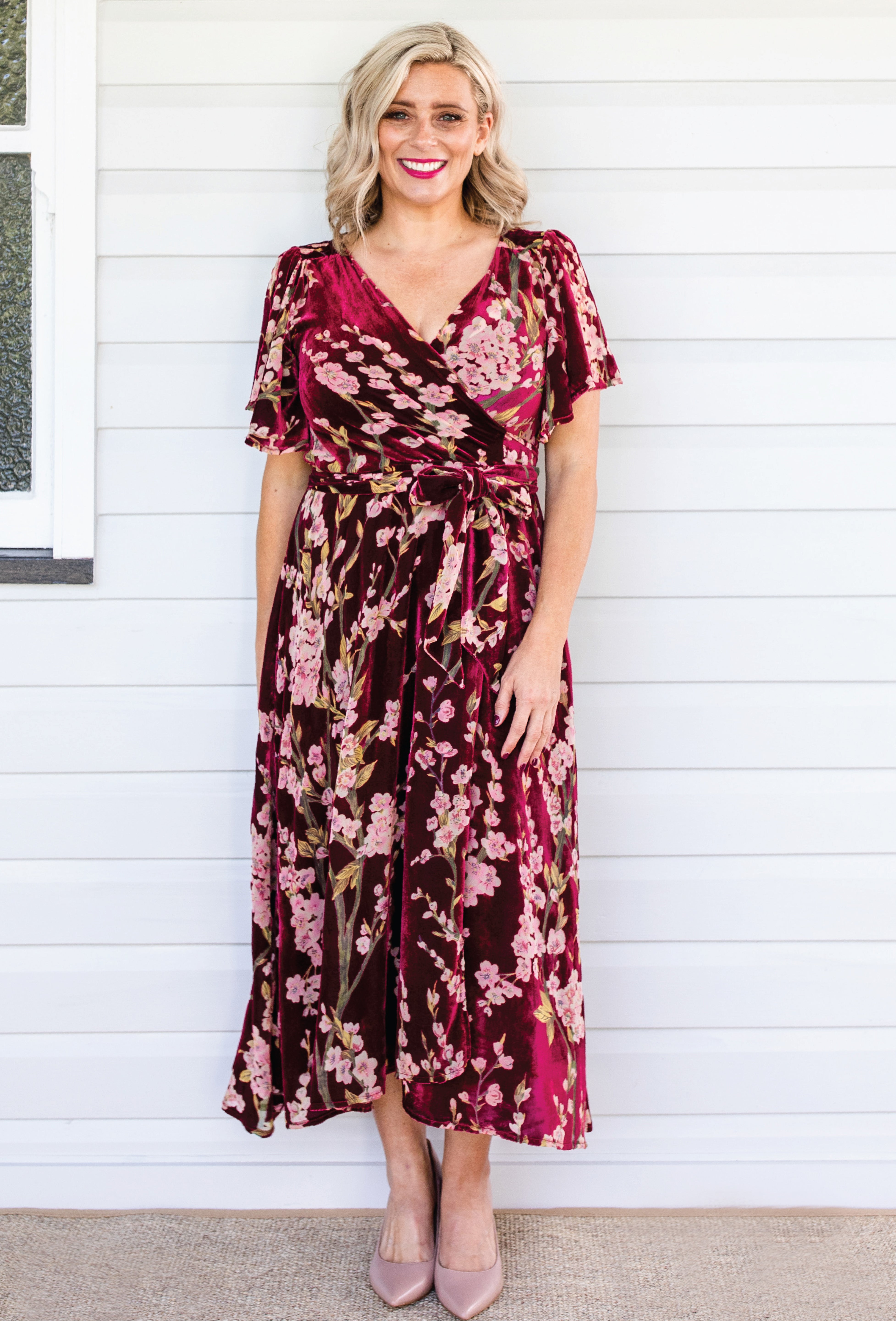 Velvet burnout floral texture, Violet Dress in blossom wine – dramatic and romantic