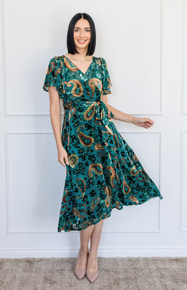 Violet Dress in green paisley velvet