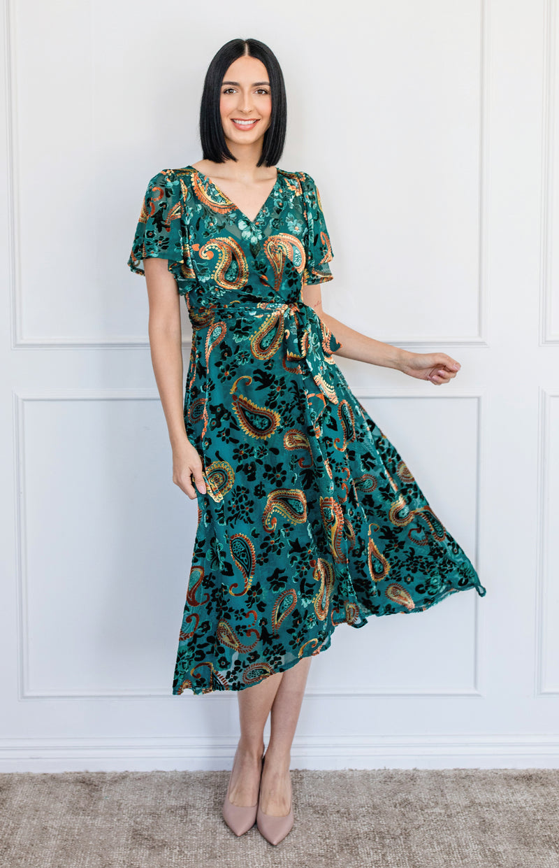 Violet Dress in green paisley velvet