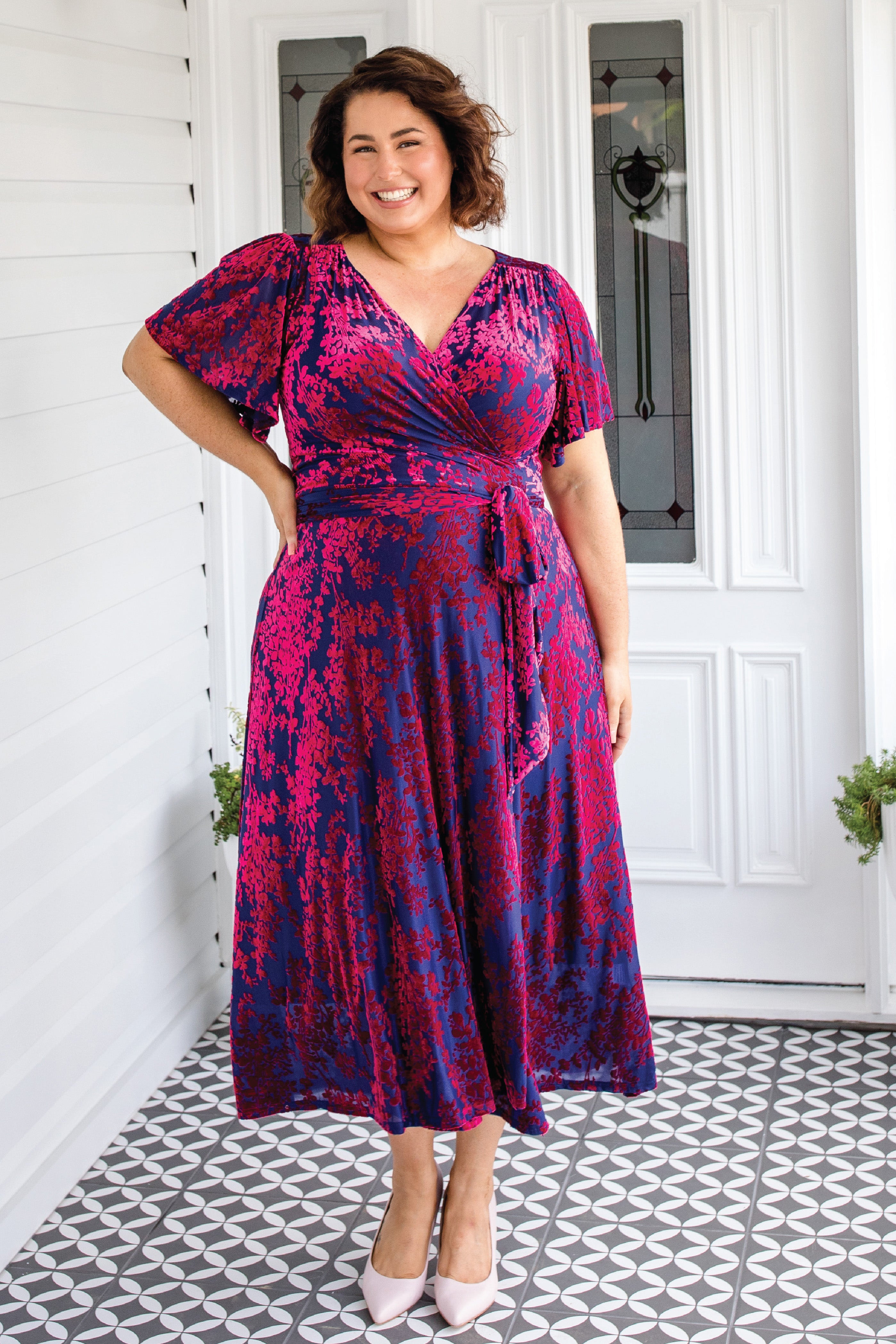 Maiocchi Violet dress in cornflower blue velvet – elegant wrap-style evening dress