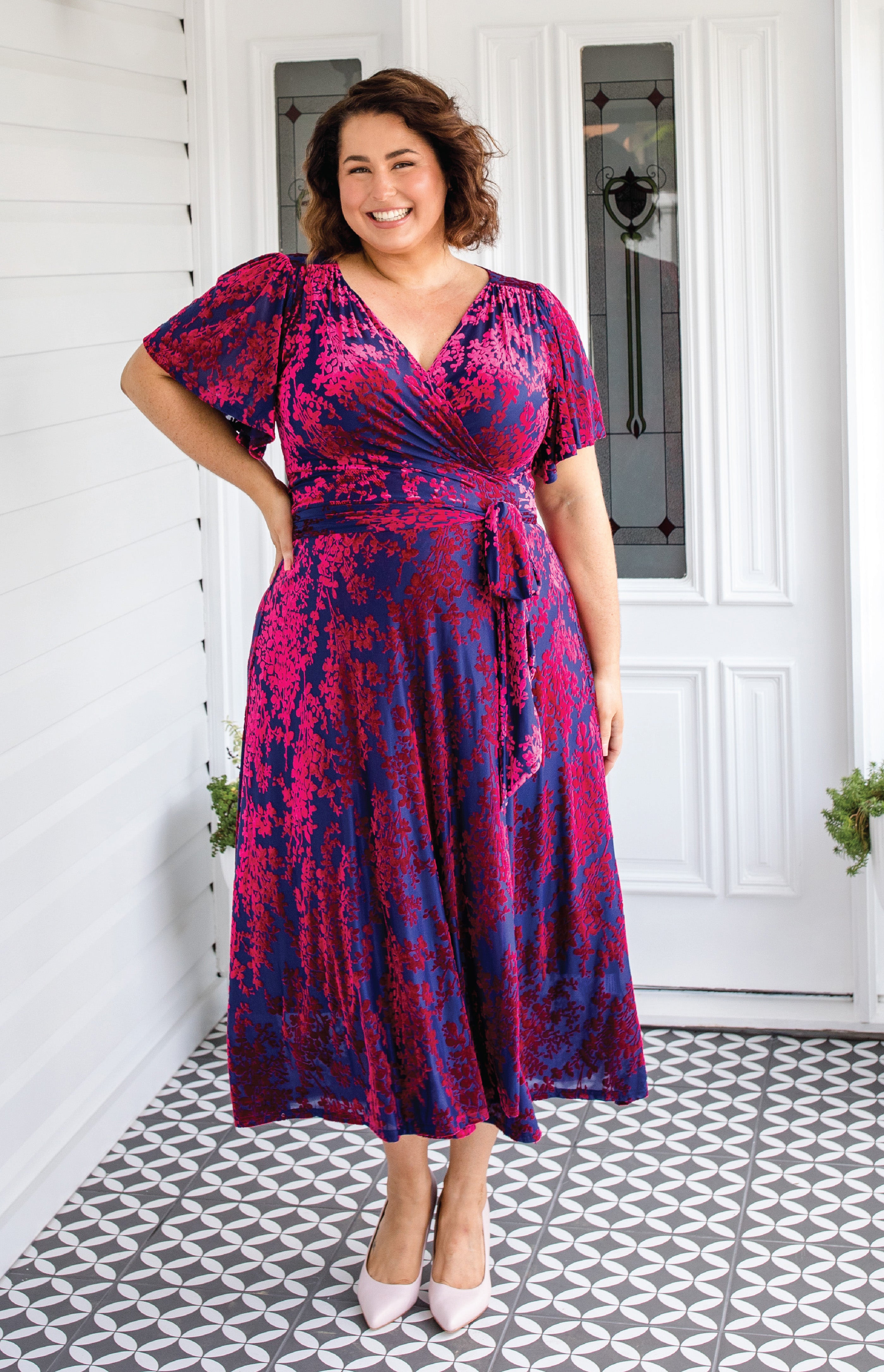 Maiocchi Violet dress in cornflower blue velvet – elegant wrap-style evening dress