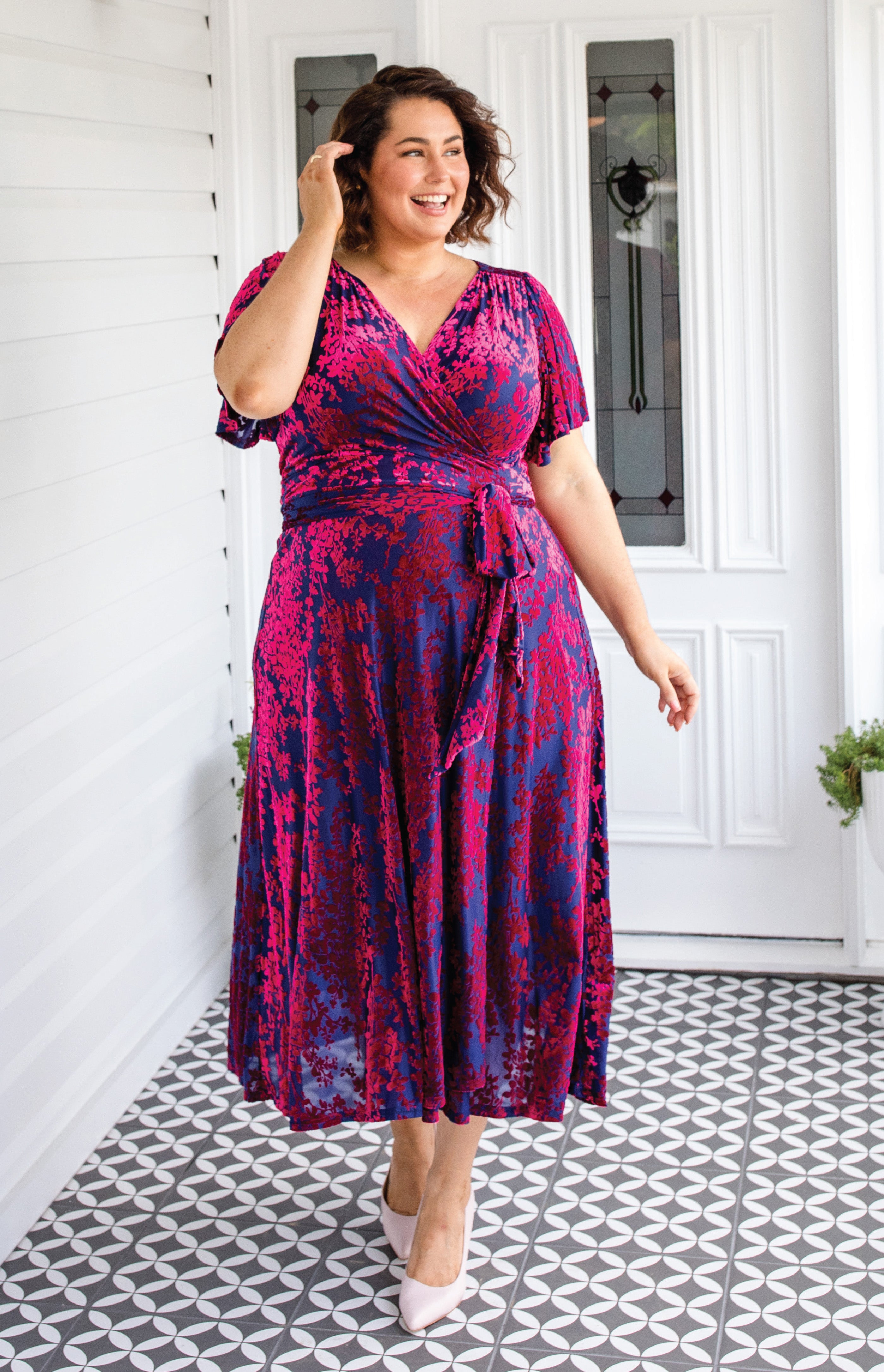 Maiocchi Violet dress in cornflower blue velvet – elegant wrap-style evening dress