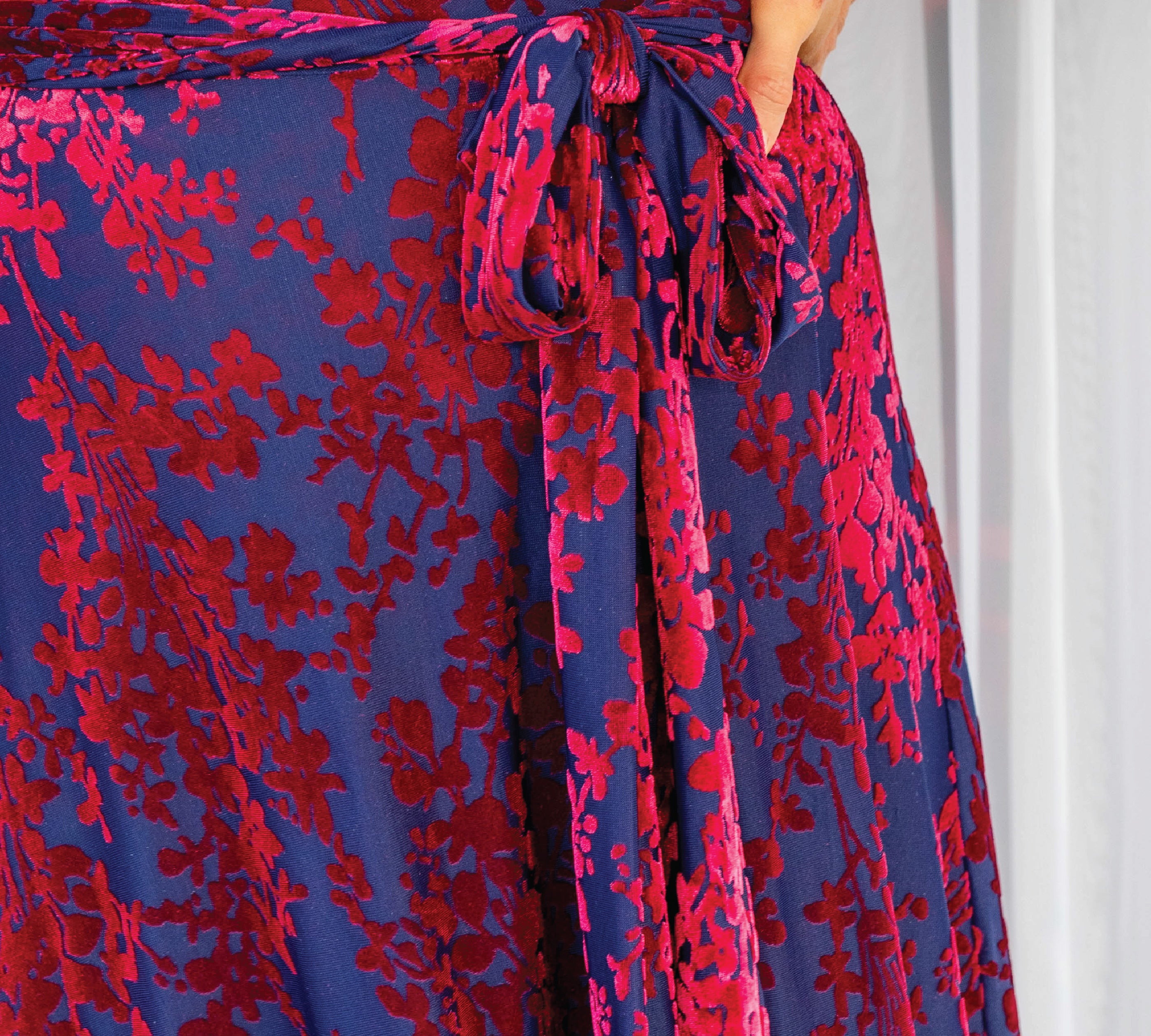 Velvet burnout fabric detail on Violet dress – velvet cornflower blue texture