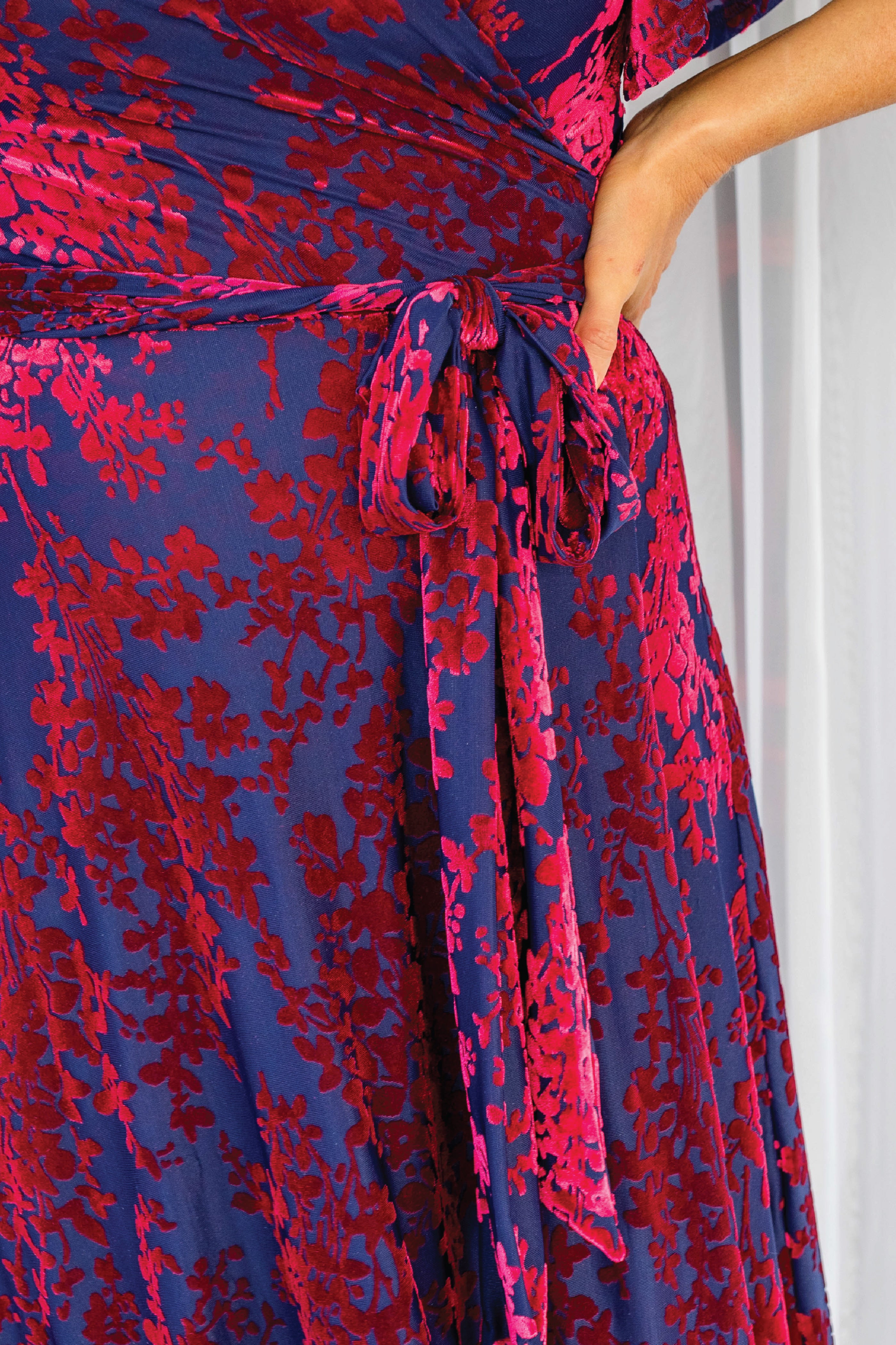 Velvet burnout fabric detail on Violet dress – velvet cornflower blue texture