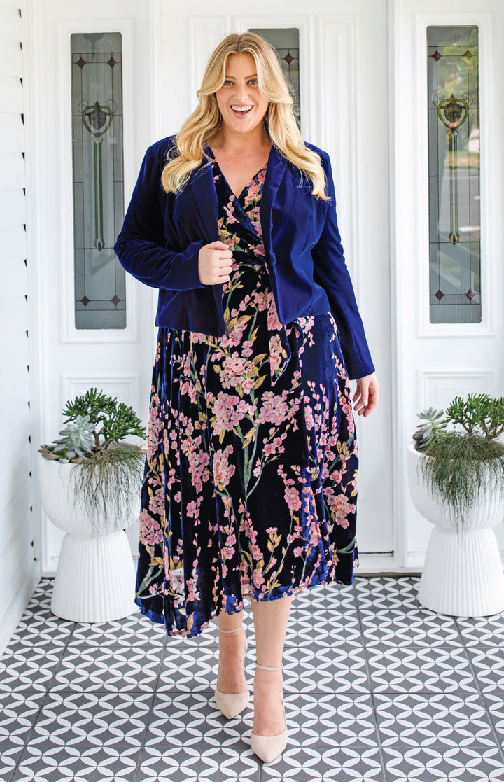 Violet Dress in blossom blue velvet