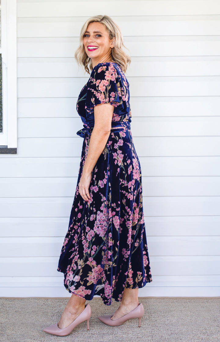 Violet Dress in blossom blue velvet