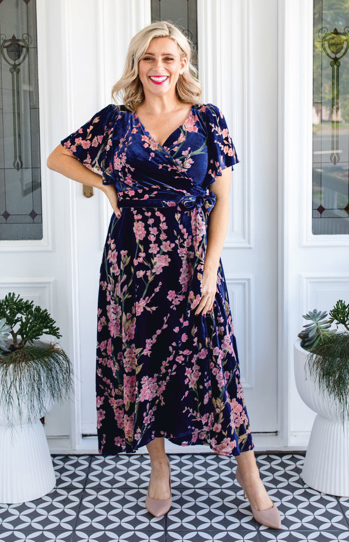 Violet Dress in blossom blue velvet